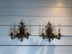 Pair of Vintage Bronze Three Arm Wall Sconces with White Candlesticks