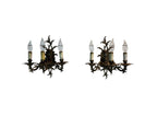 Pair of Vintage Bronze Three Arm Wall Sconces with White Candlesticks