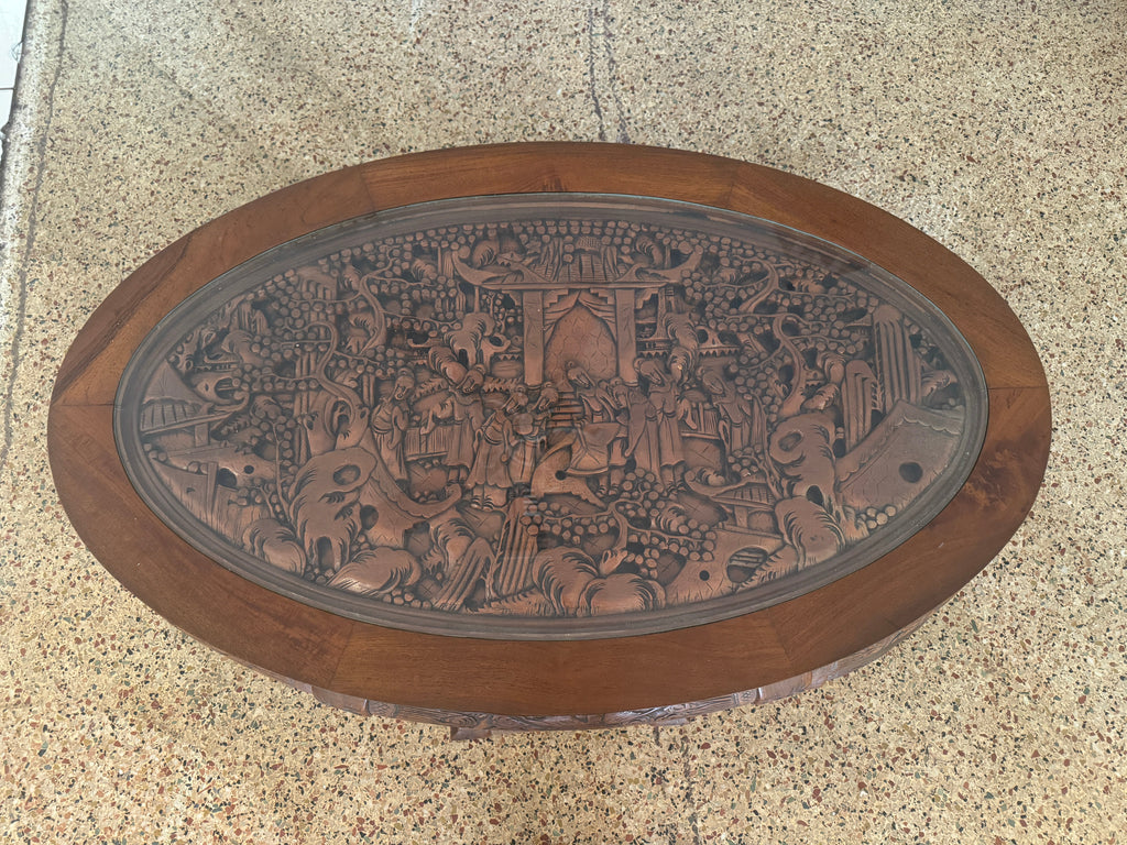 Vintage Oriental Hand Carved Teak Coffee Tea Table with 6 Nesting Stools