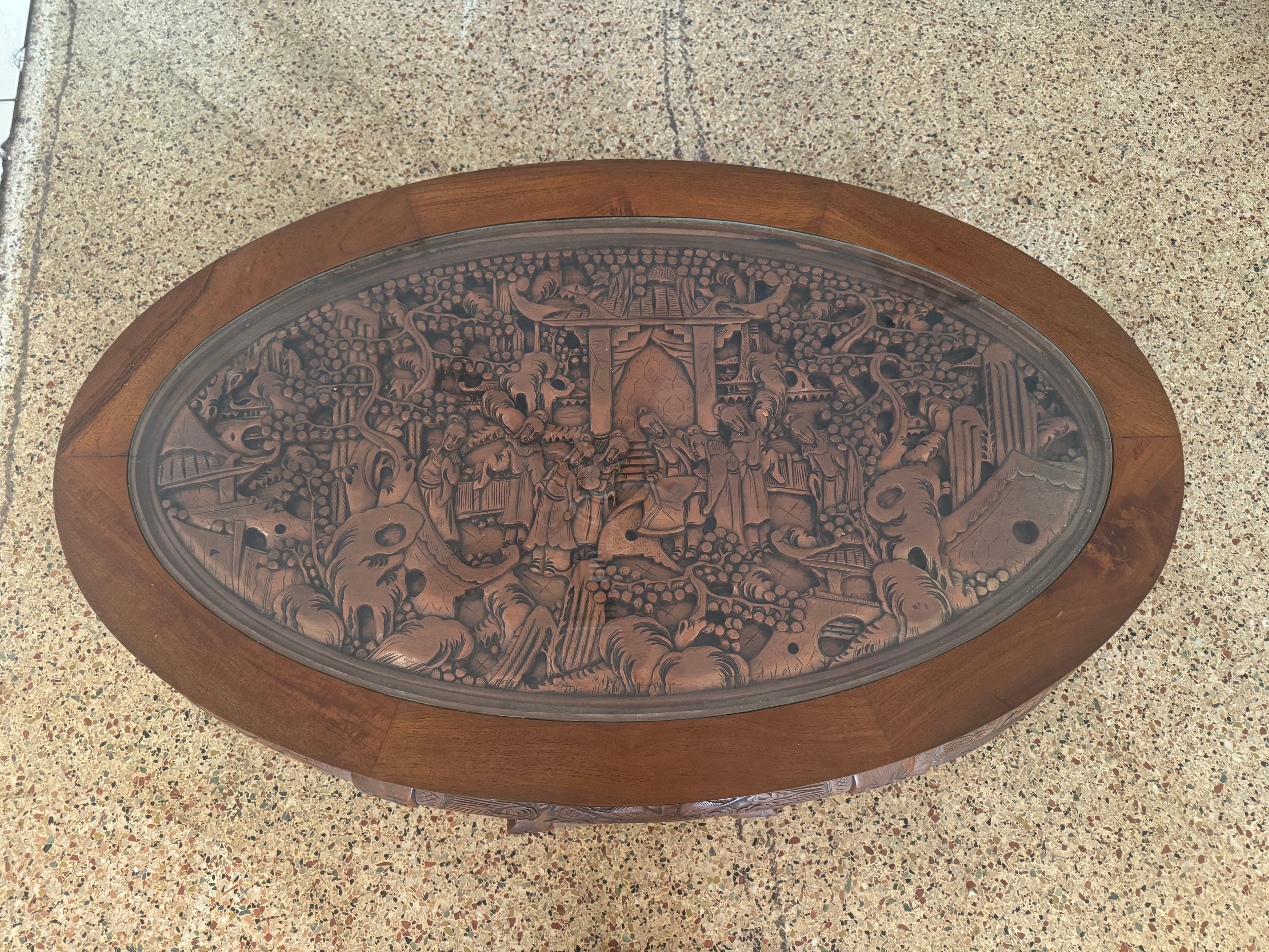 Vintage Oriental Hand Carved Teak Coffee Tea Table with 6 Nesting Stools