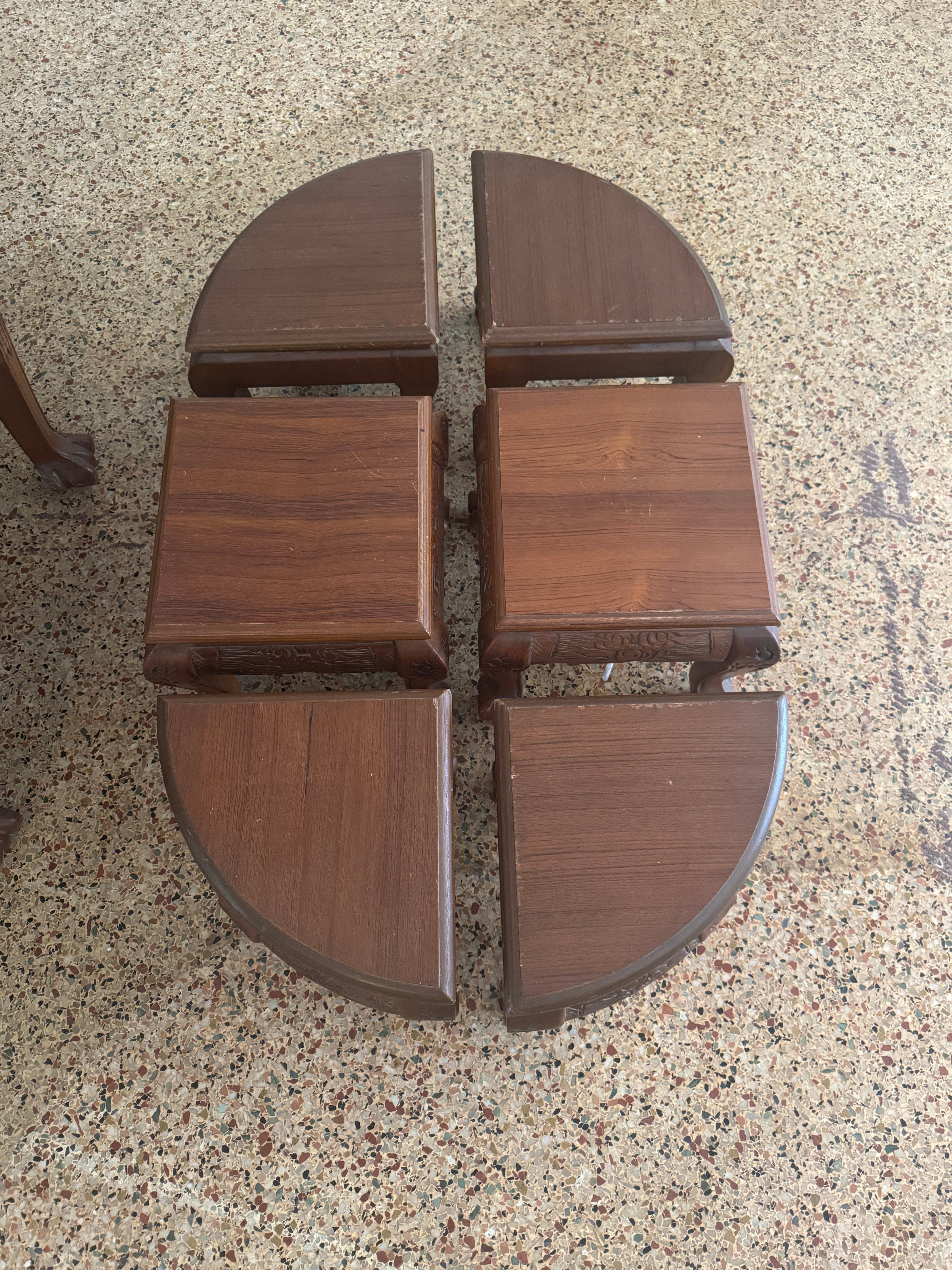 Vintage Oriental Hand Carved Teak Coffee Tea Table with 6 Nesting Stools