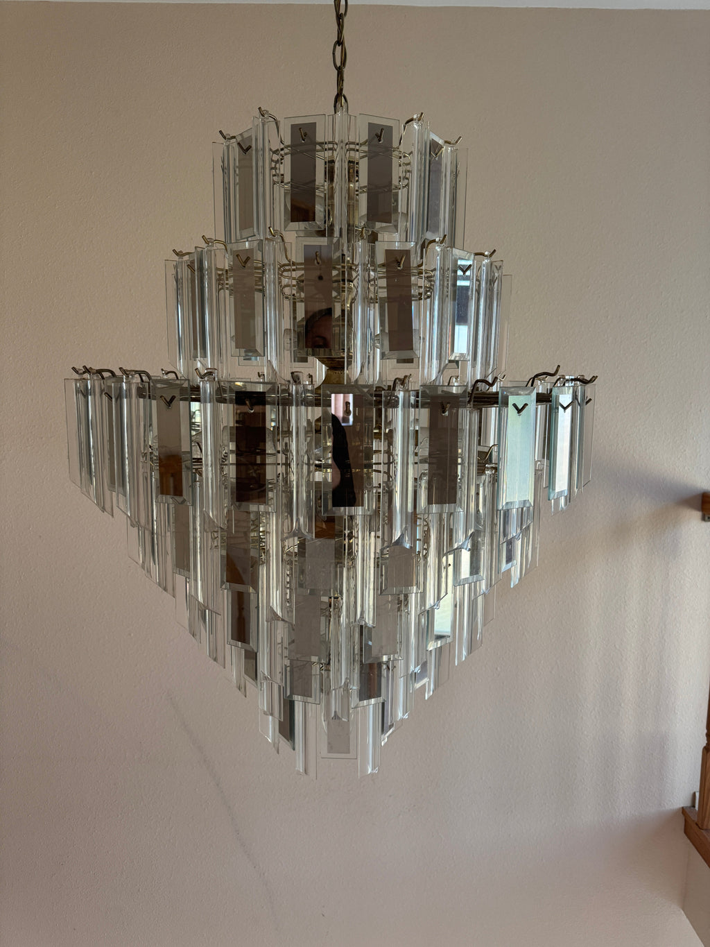 Vintage Retro MCM Mirrored Prism and Lucite 7-Tiered Chandelier with Brass Frame