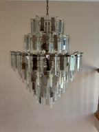 Vintage Retro MCM Mirrored Prism and Lucite 7-Tiered Chandelier with Brass Frame