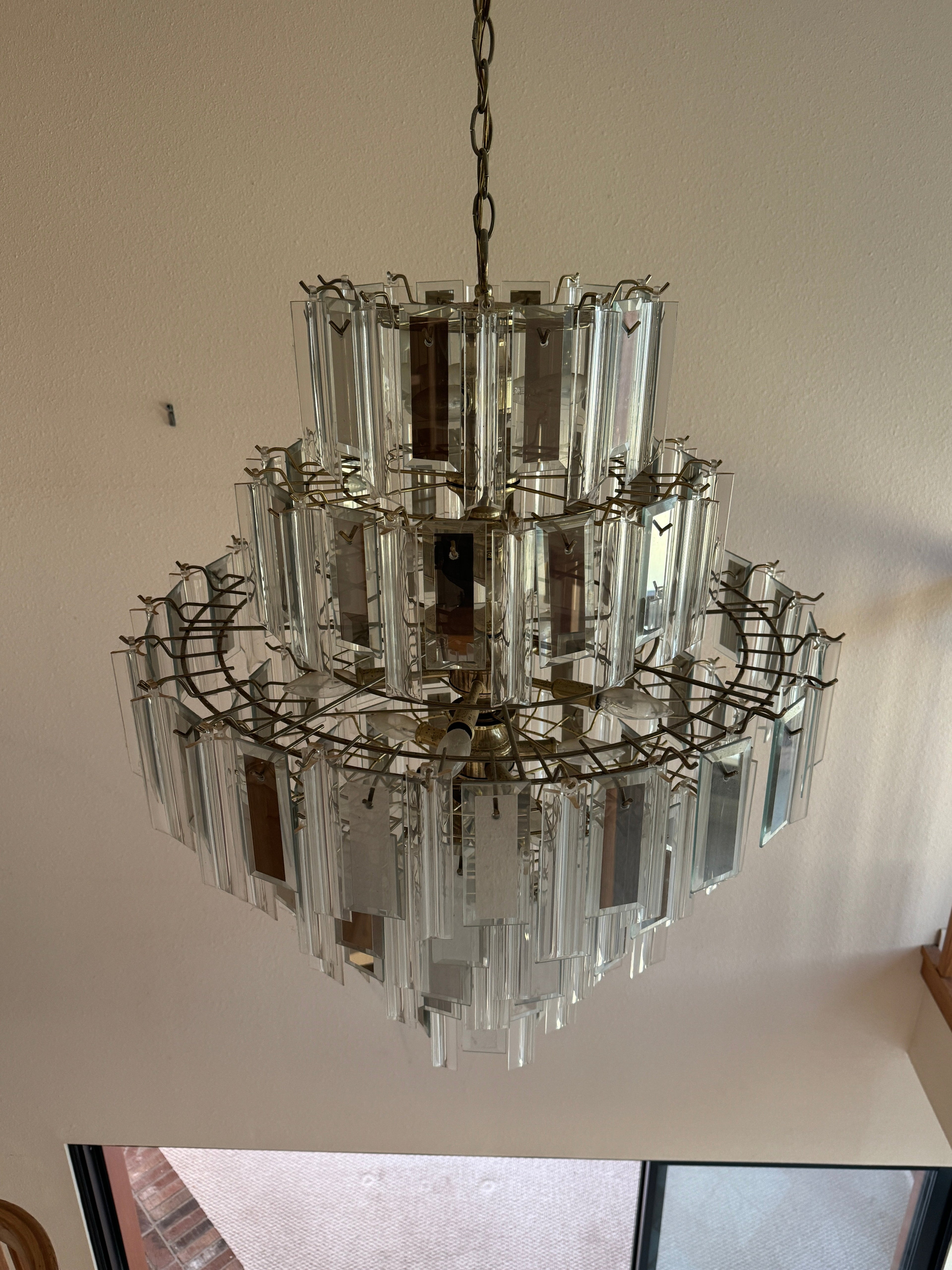 Vintage Retro MCM Mirrored Prism and Lucite 7-Tiered Chandelier with Brass Frame