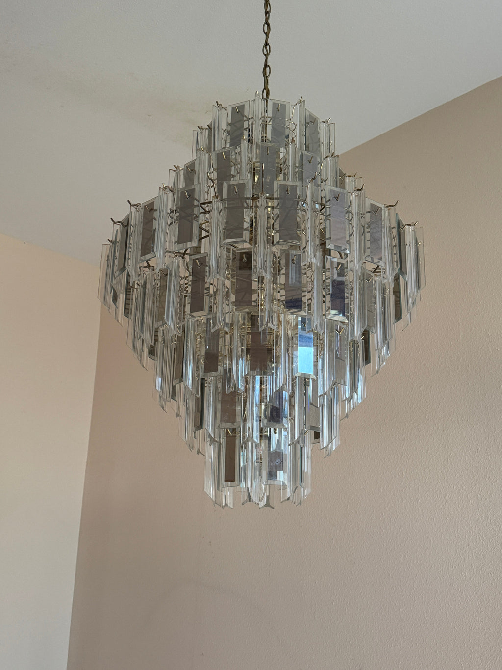 Vintage Retro MCM Mirrored Prism and Lucite 7-Tiered Chandelier with Brass Frame