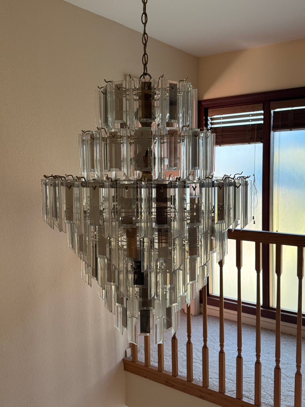 Vintage Retro MCM Mirrored Prism and Lucite 7-Tiered Chandelier with Brass Frame