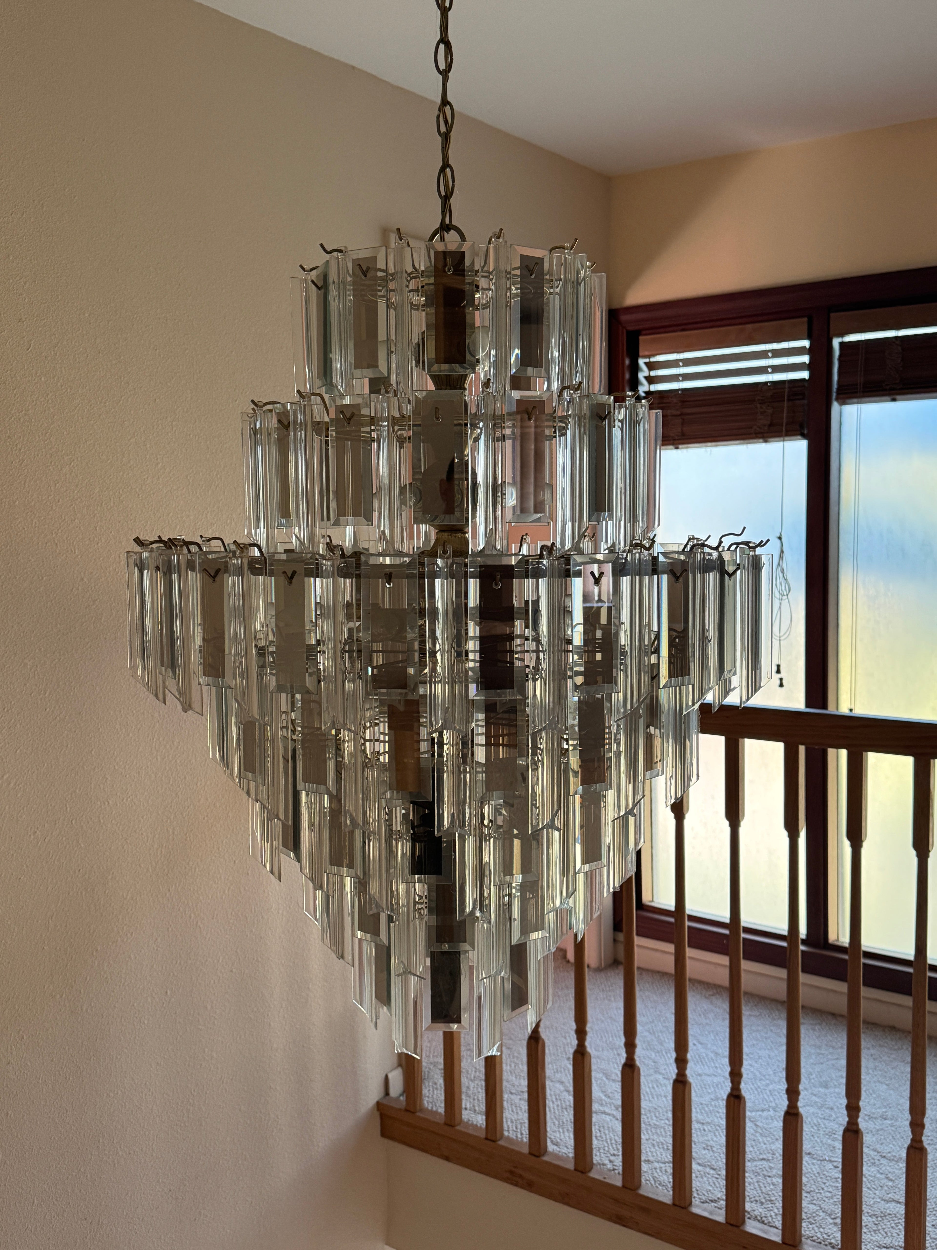 Vintage Retro MCM Mirrored Prism and Lucite 7-Tiered Chandelier with Brass Frame