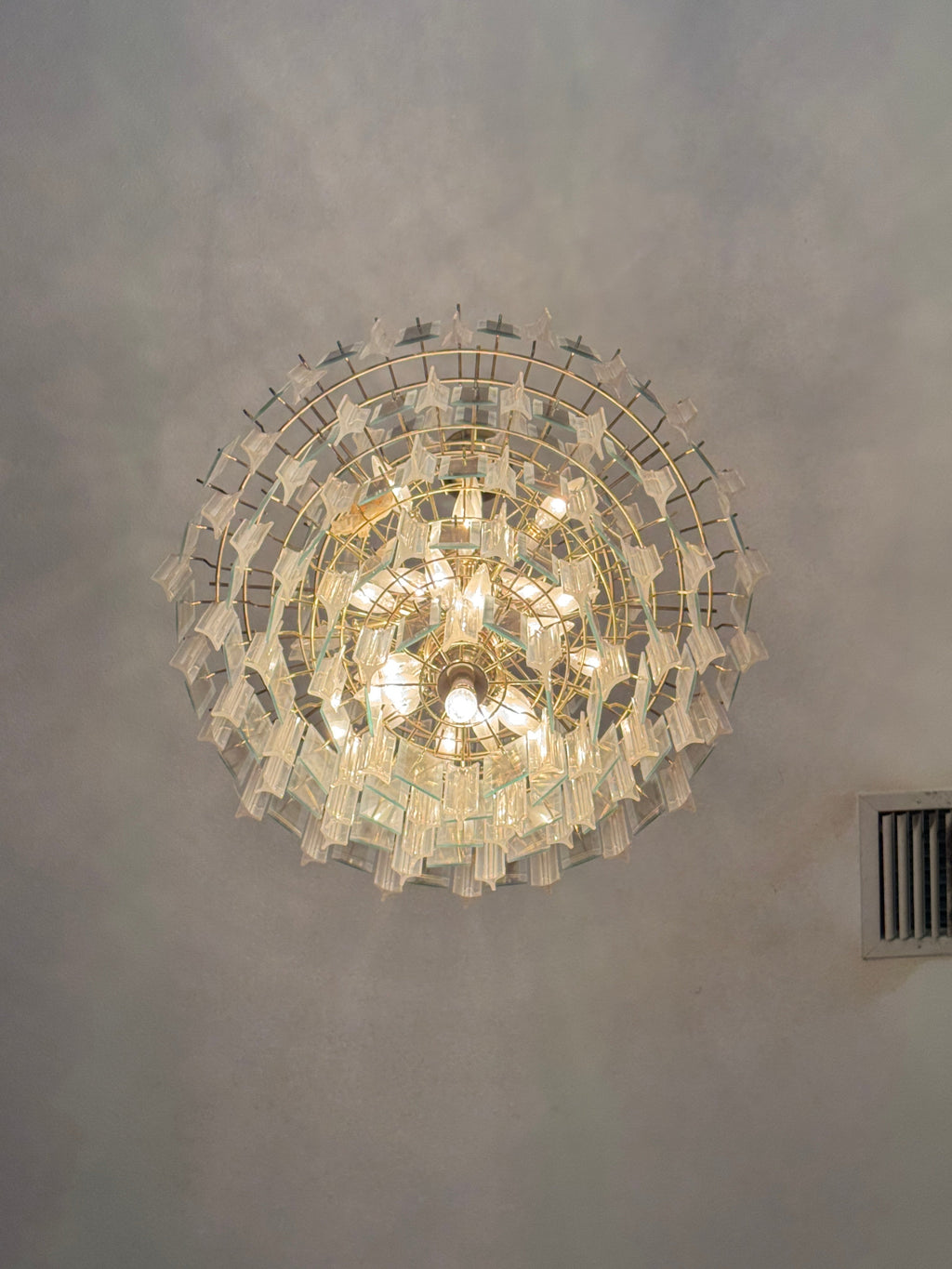 Vintage Retro MCM Mirrored Prism and Lucite 7-Tiered Chandelier with Brass Frame