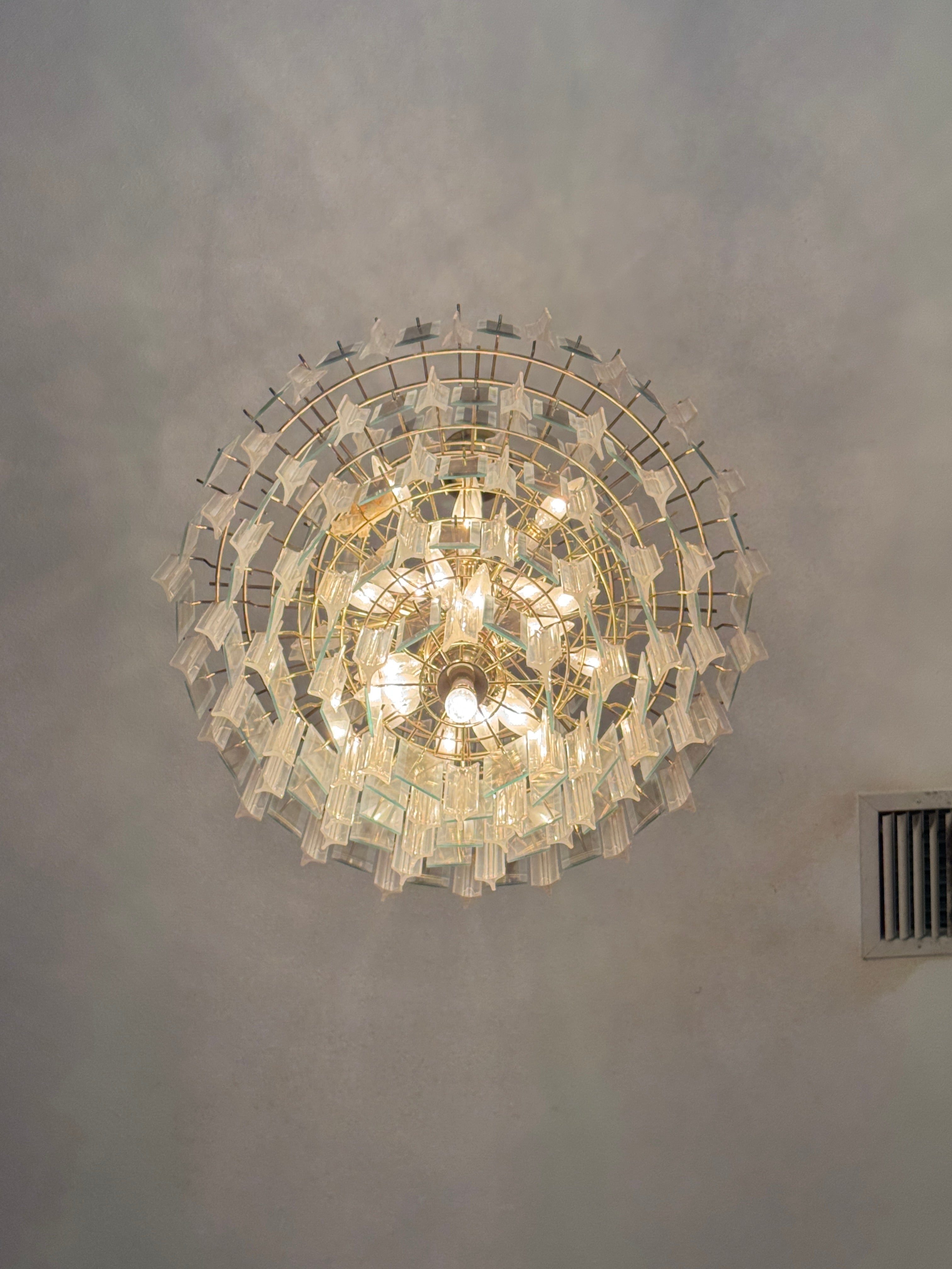 Vintage Retro MCM Mirrored Prism and Lucite 7-Tiered Chandelier with Brass Frame