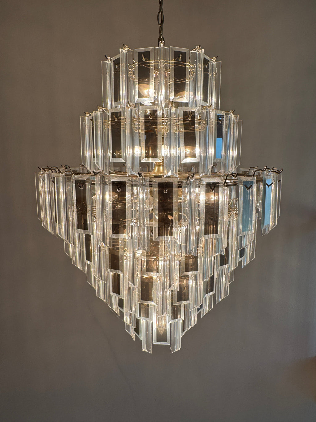Vintage Retro MCM Mirrored Prism and Lucite 7-Tiered Chandelier with Brass Frame