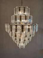 Vintage Retro MCM Mirrored Prism and Lucite 7-Tiered Chandelier with Brass Frame