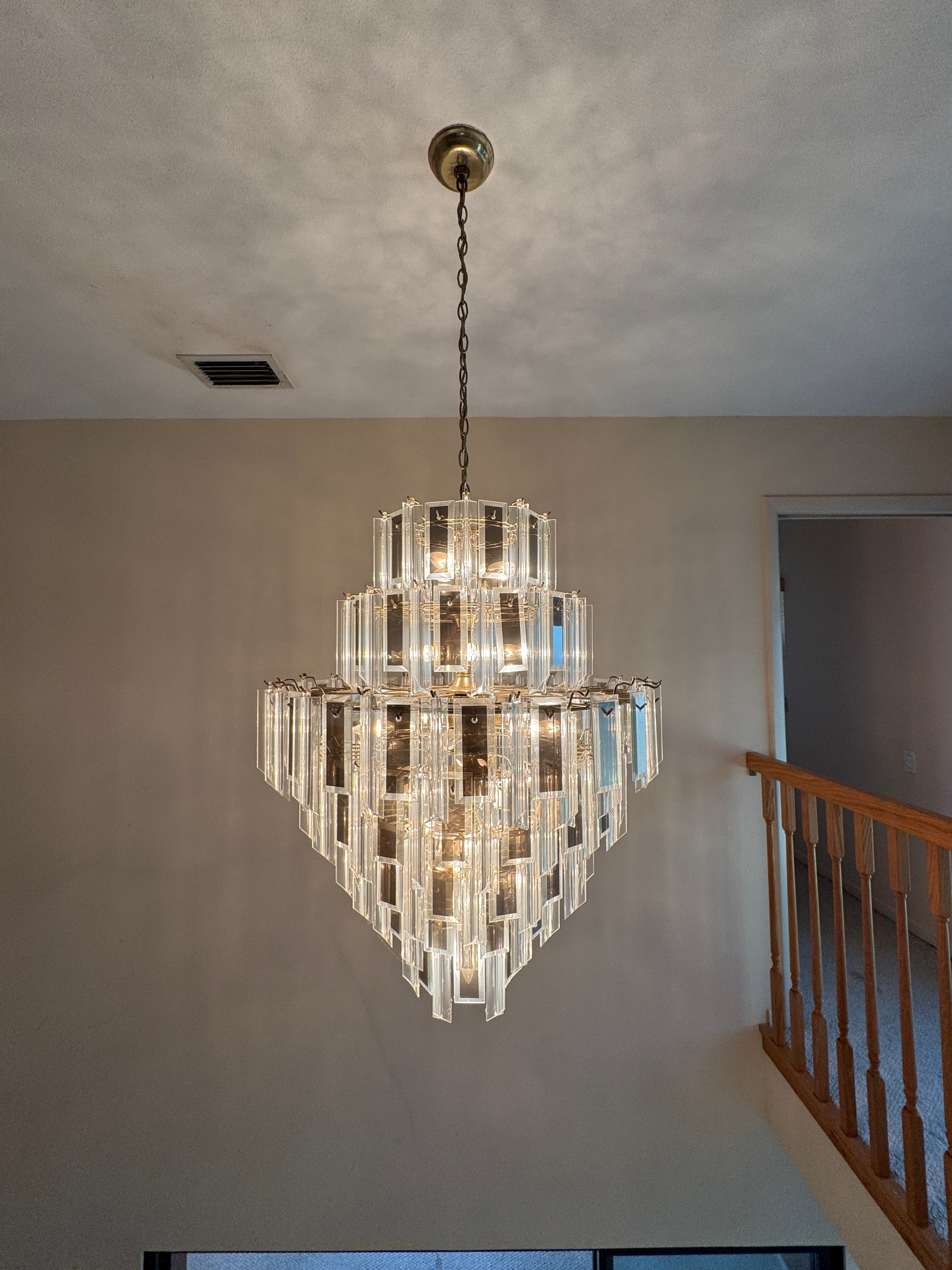 Vintage Retro MCM Mirrored Prism and Lucite 7-Tiered Chandelier with Brass Frame