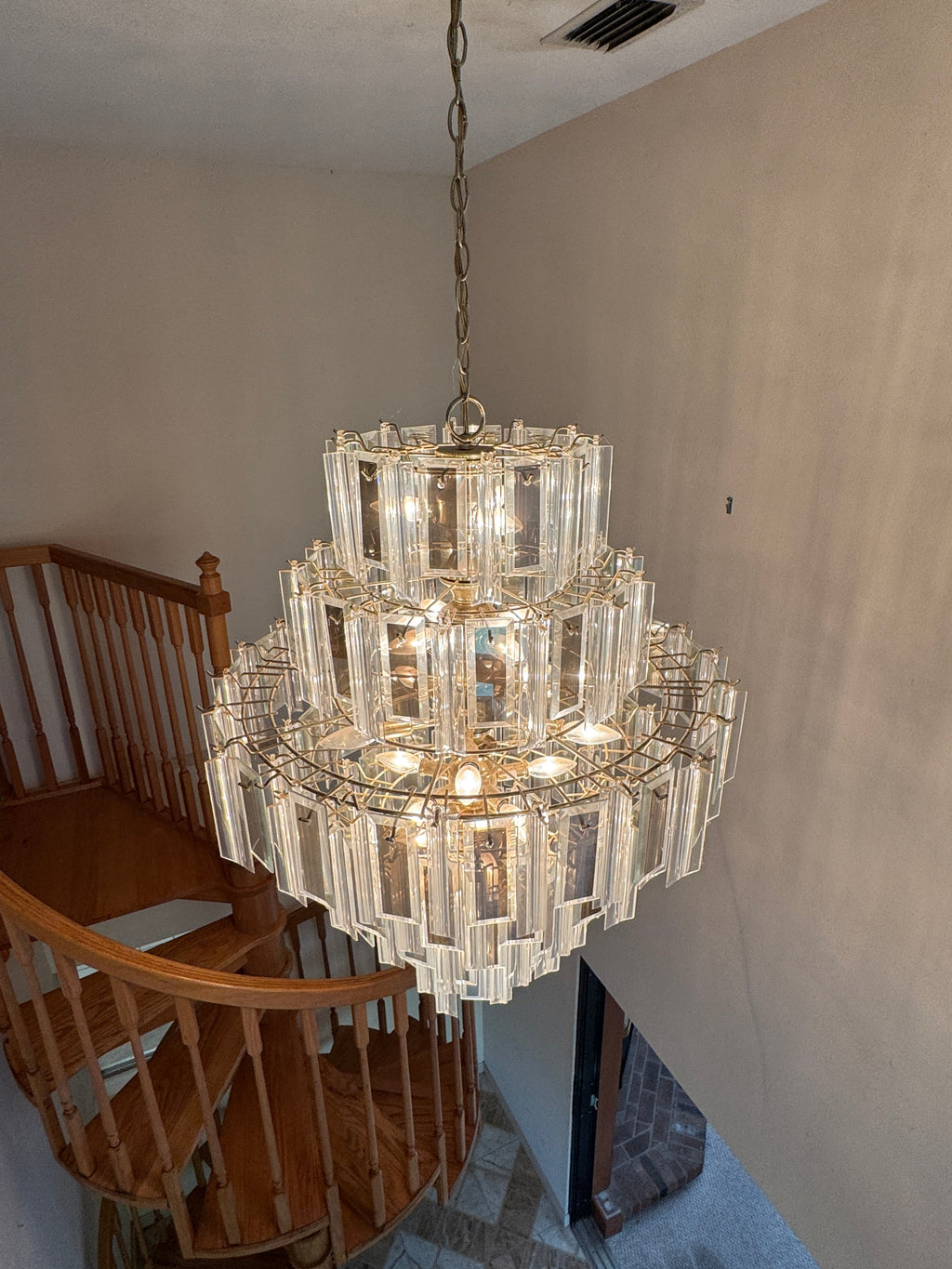 Vintage Retro MCM Mirrored Prism and Lucite 7-Tiered Chandelier with Brass Frame