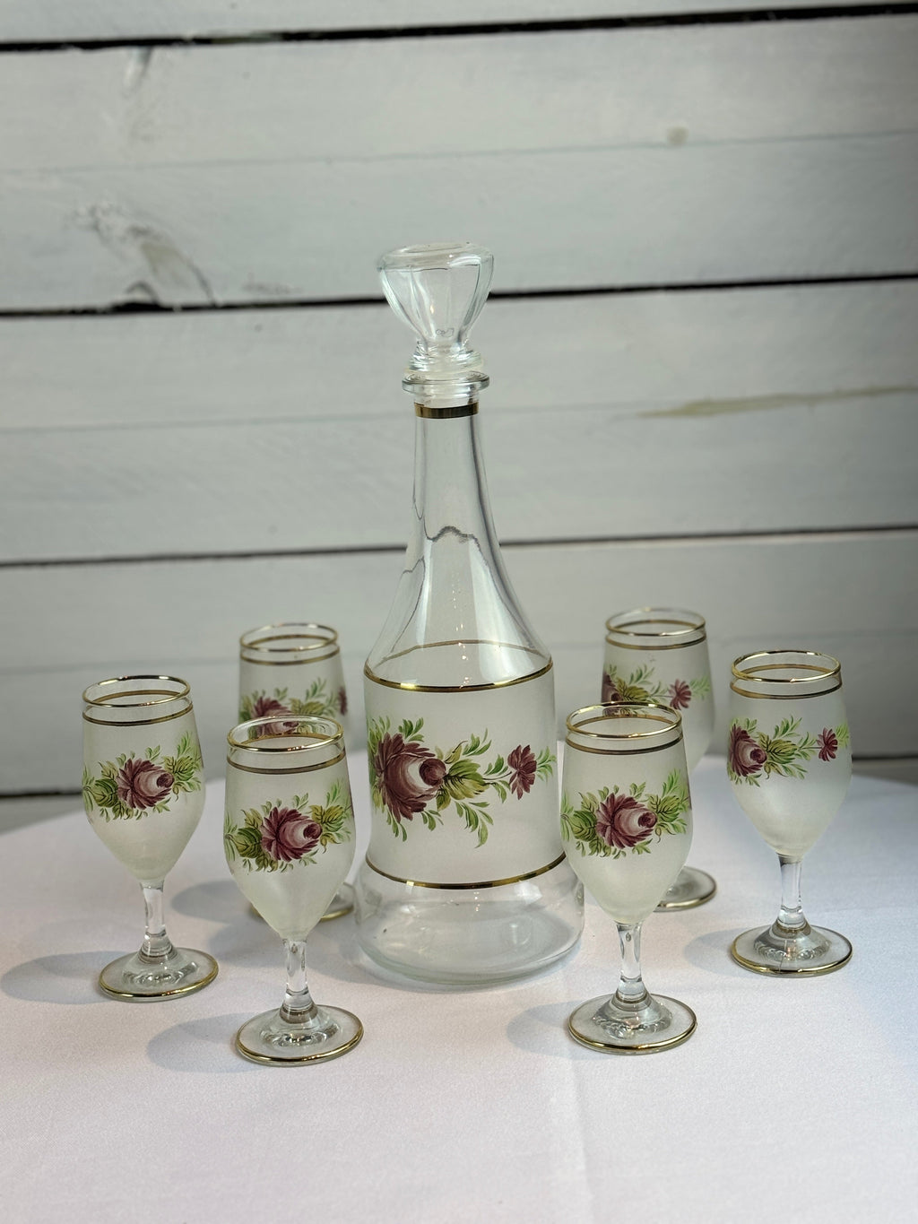1960s Mid Century Italian Cocktail Set - Decanter and 6 wine or cordial glasses - with hand painted roses