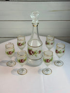 1960s Mid Century Italian Cocktail Set - Decanter and 6 wine or cordial glasses - with hand painted roses
