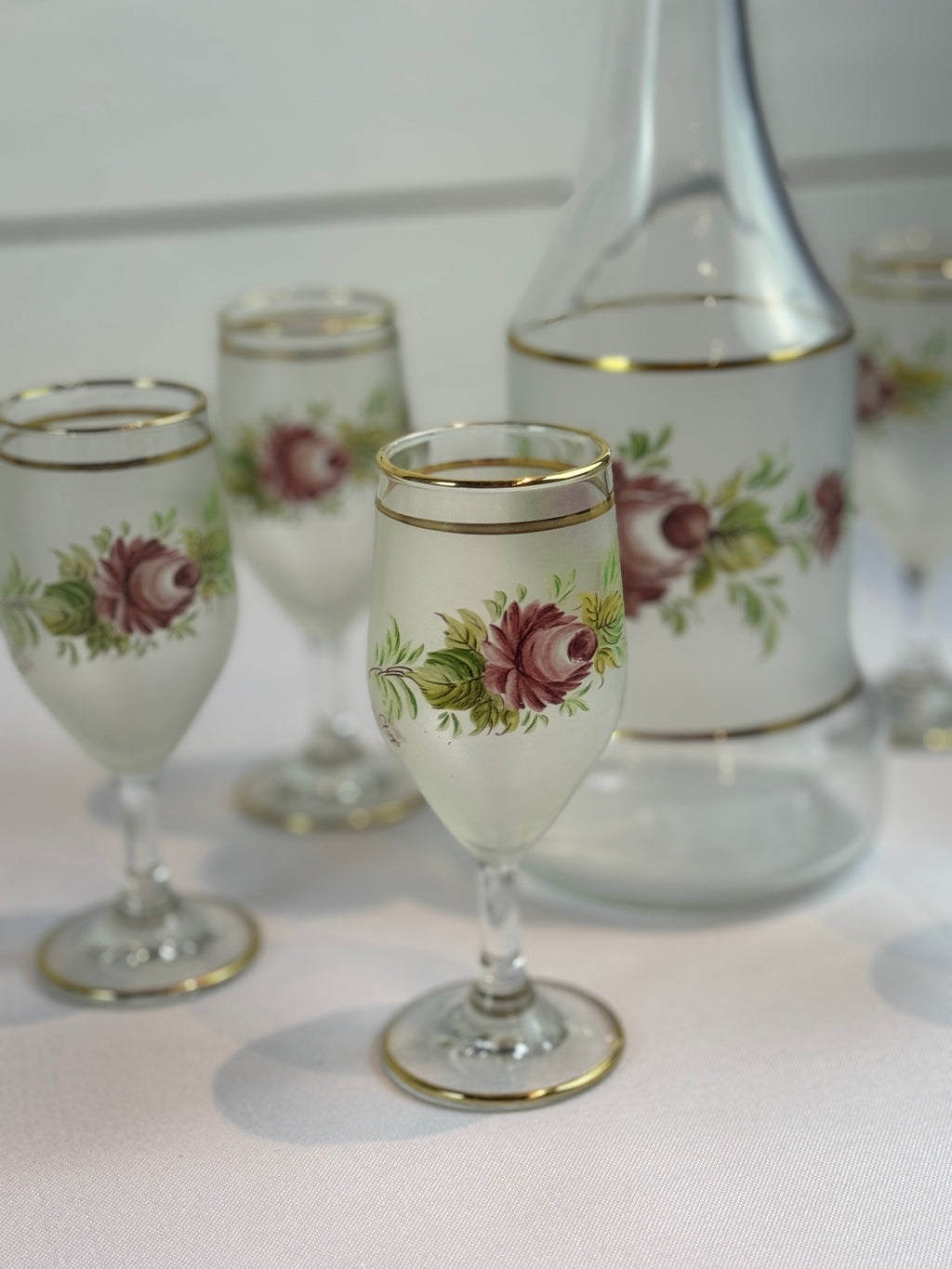 1960s Mid Century Italian Cocktail Set - Decanter and 6 wine or cordial glasses - with hand painted roses