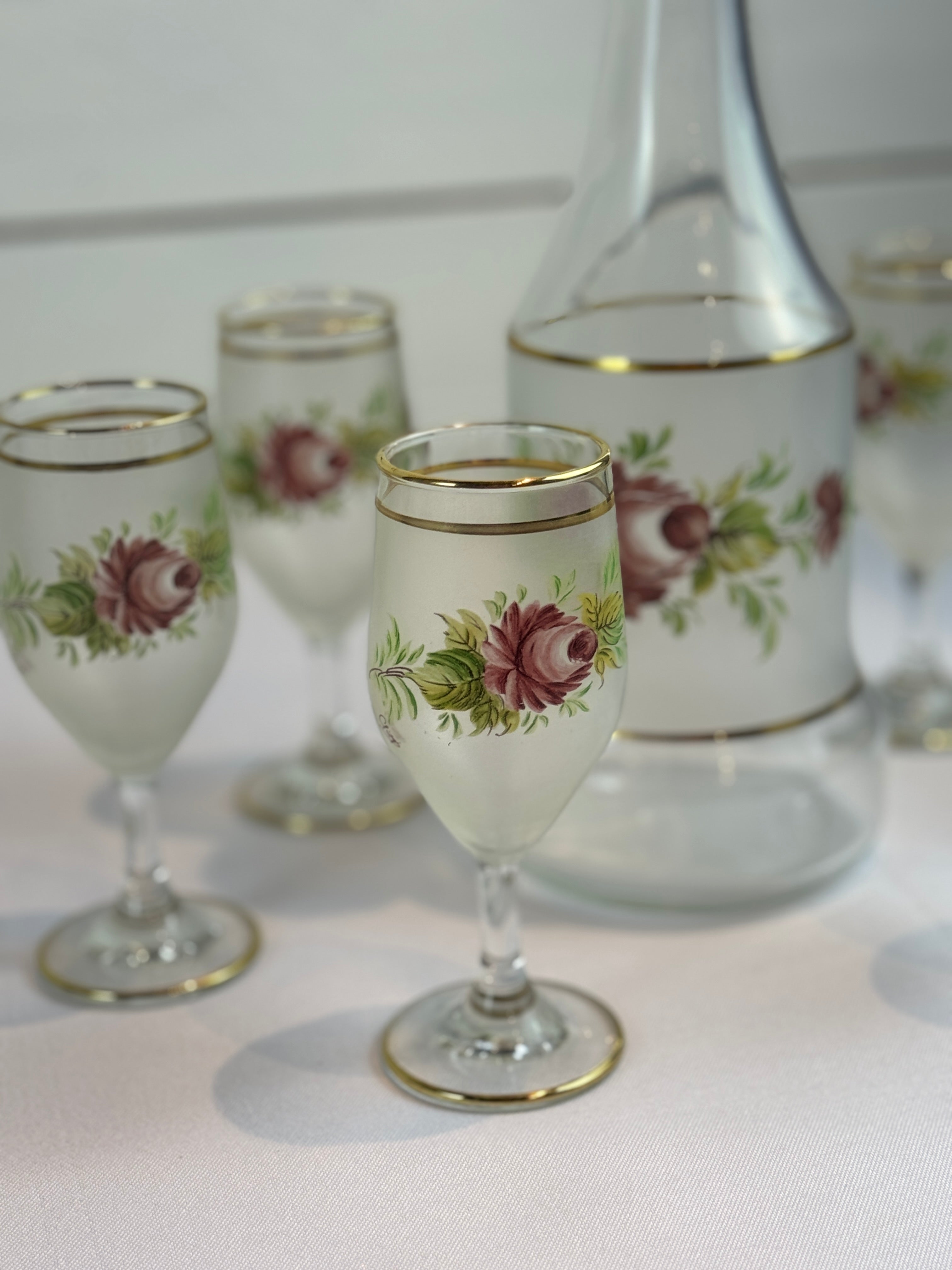 1960s Mid Century Italian Cocktail Set - Decanter and 6 wine or cordial glasses - with hand painted roses