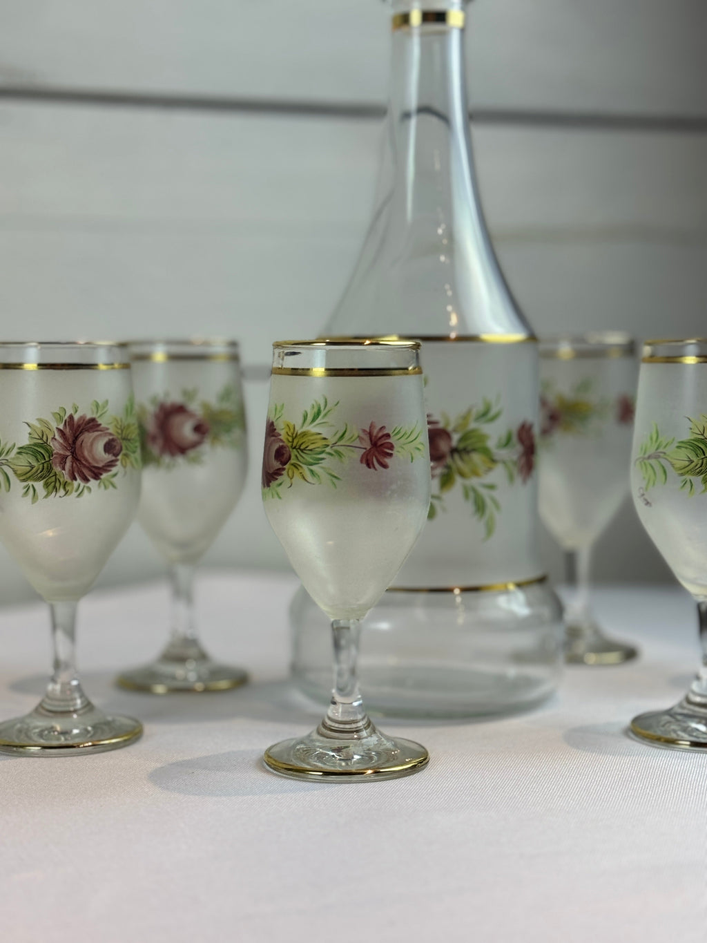 1960s Mid Century Italian Cocktail Set - Decanter and 6 wine or cordial glasses - with hand painted roses