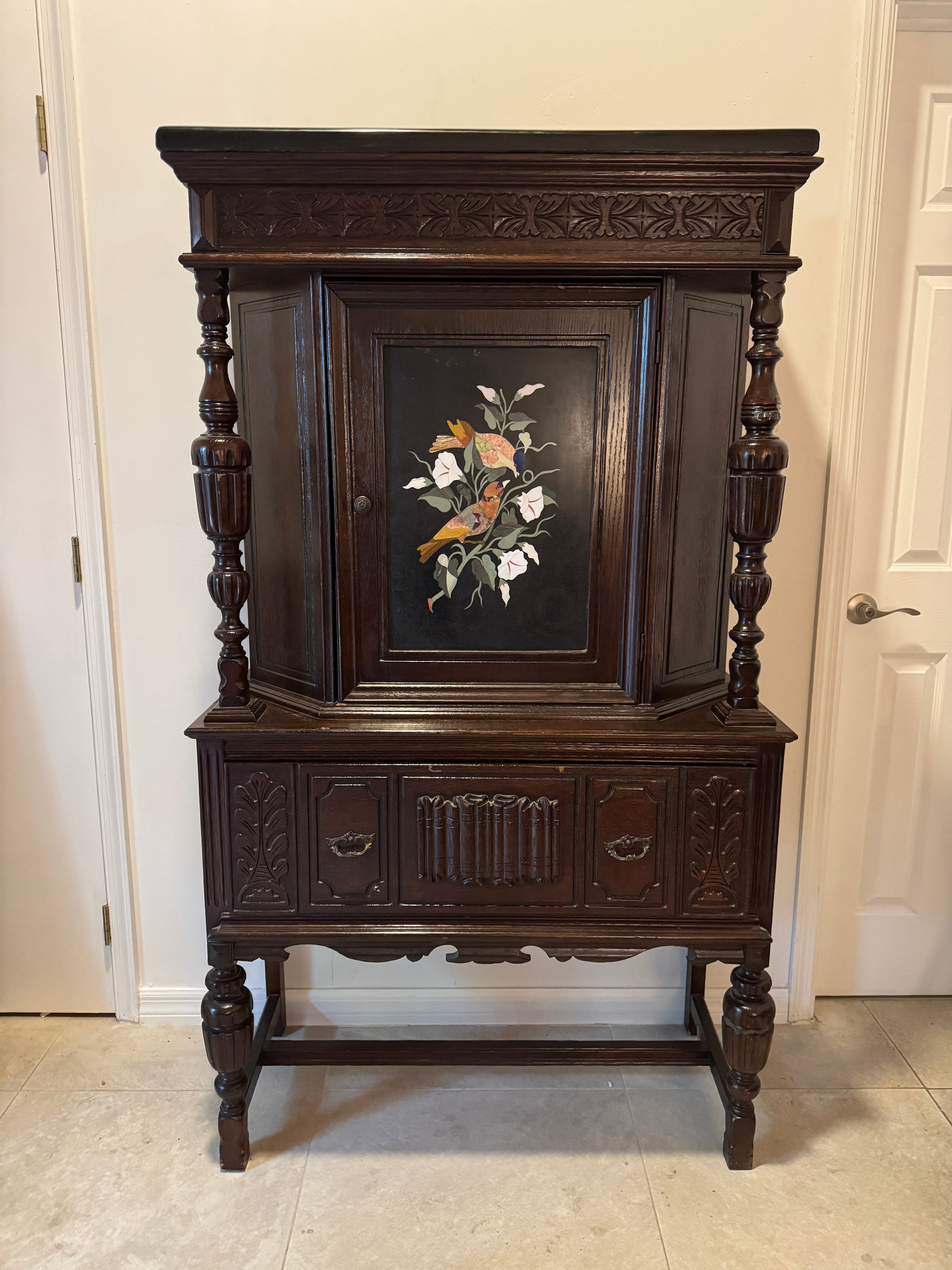 Antique Jacobean Style Carved Oak Cabinet Hutch with Pietra Dura Inlay, Carved Details and Black Marble Top