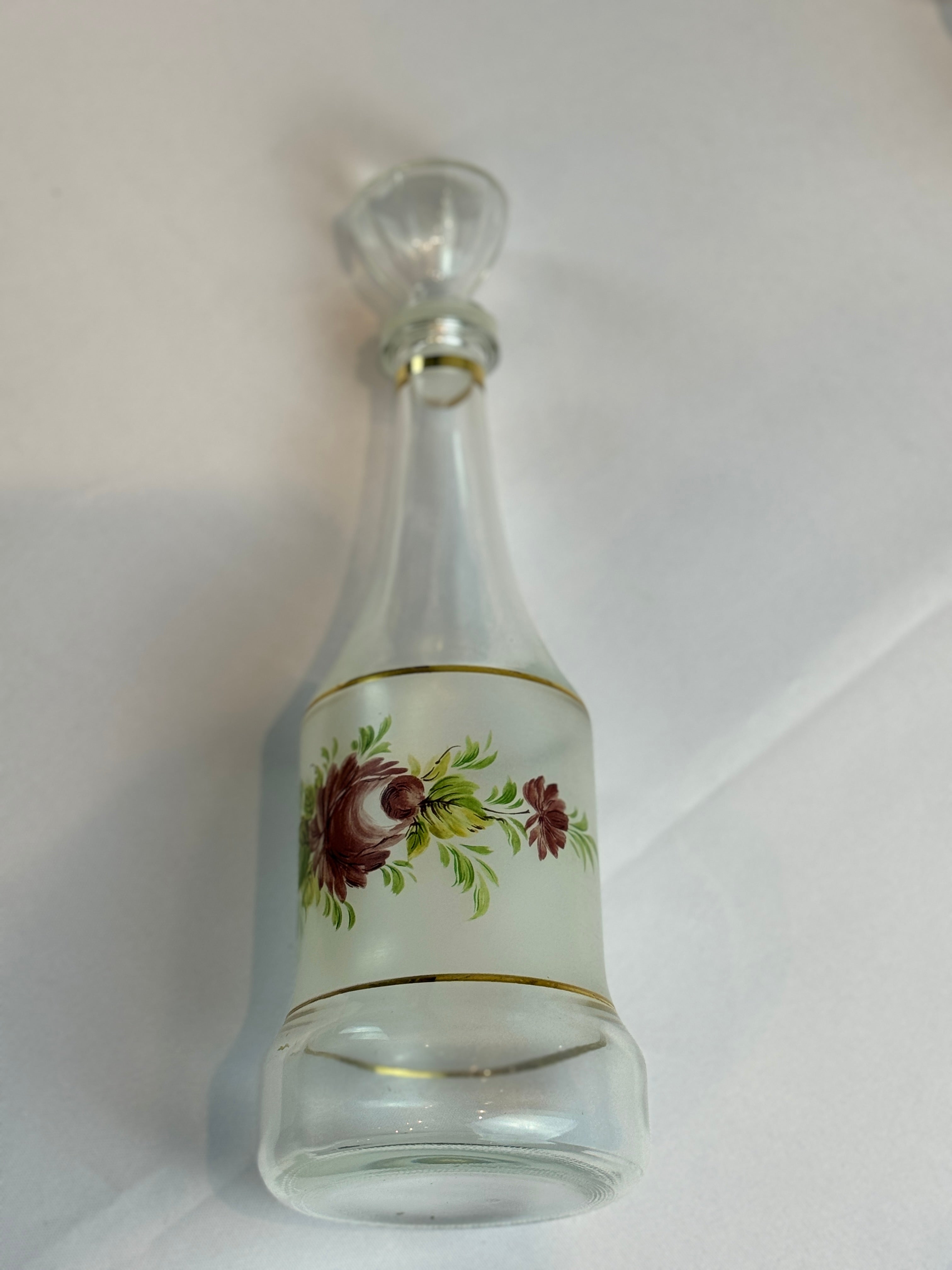 1960s Mid Century Italian Cocktail Set - Decanter and 6 wine or cordial glasses - with hand painted roses