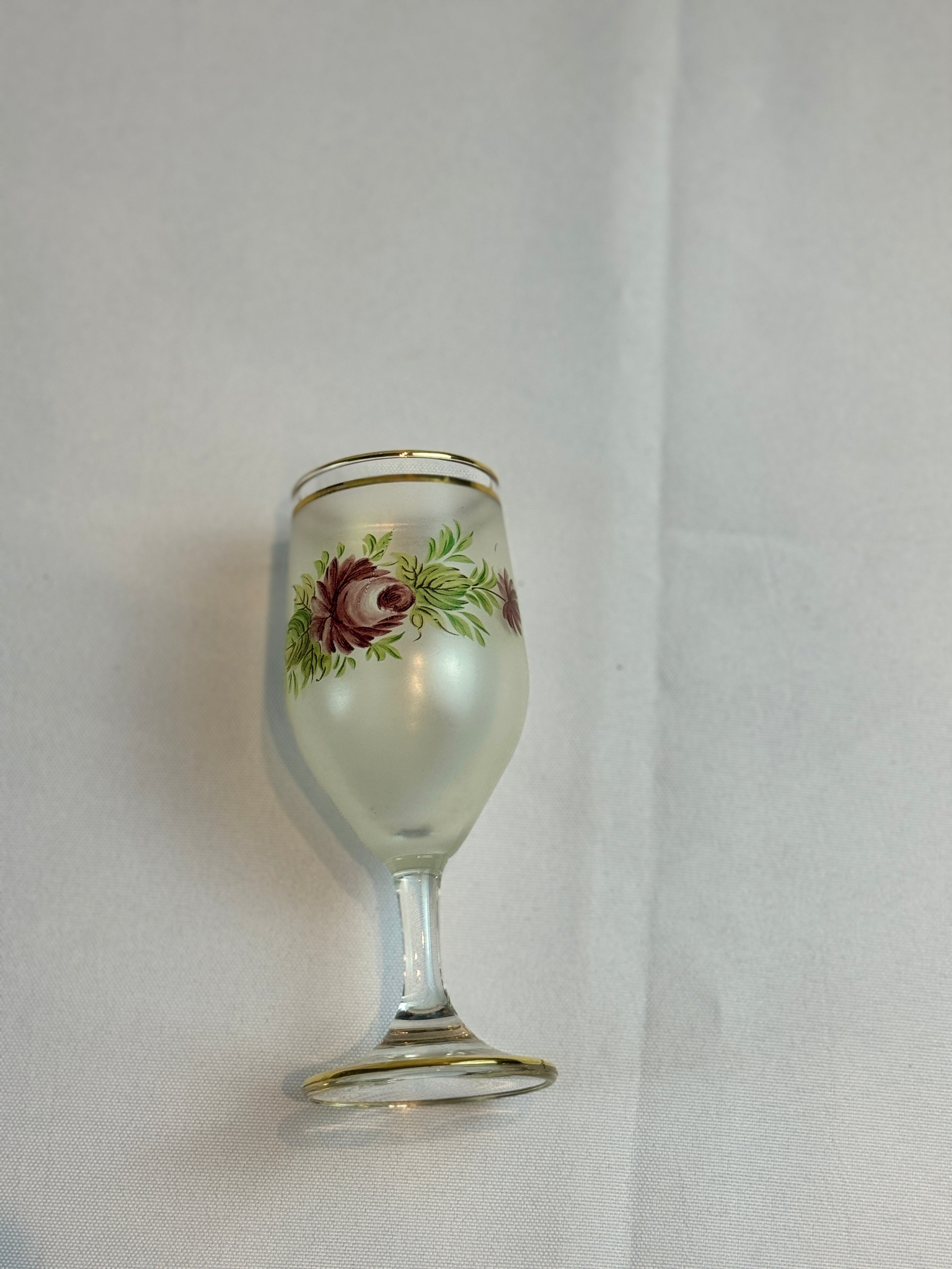 1960s Mid Century Italian Cocktail Set - Decanter and 6 wine or cordial glasses - with hand painted roses