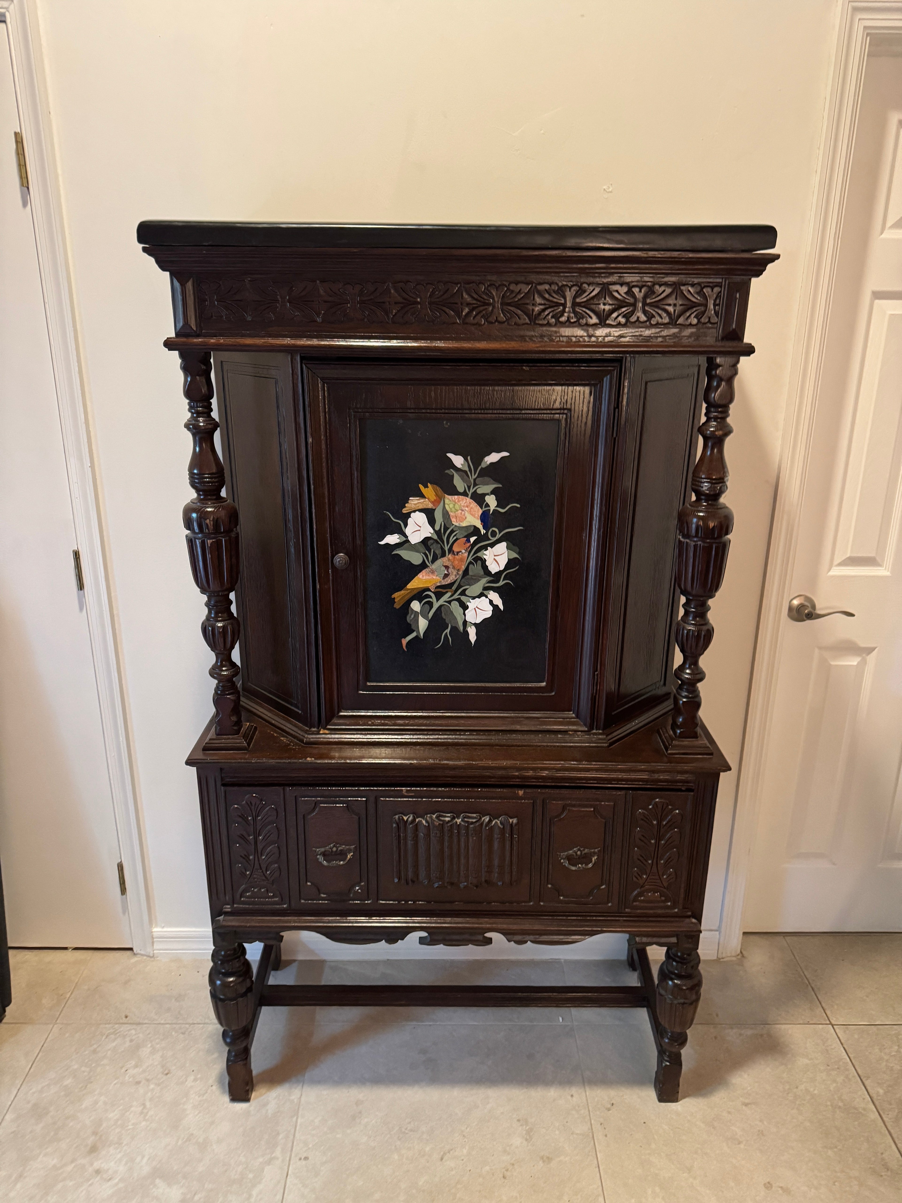 Antique Jacobean Style Carved Oak Cabinet Hutch with Pietra Dura Inlay, Carved Details and Black Marble Top