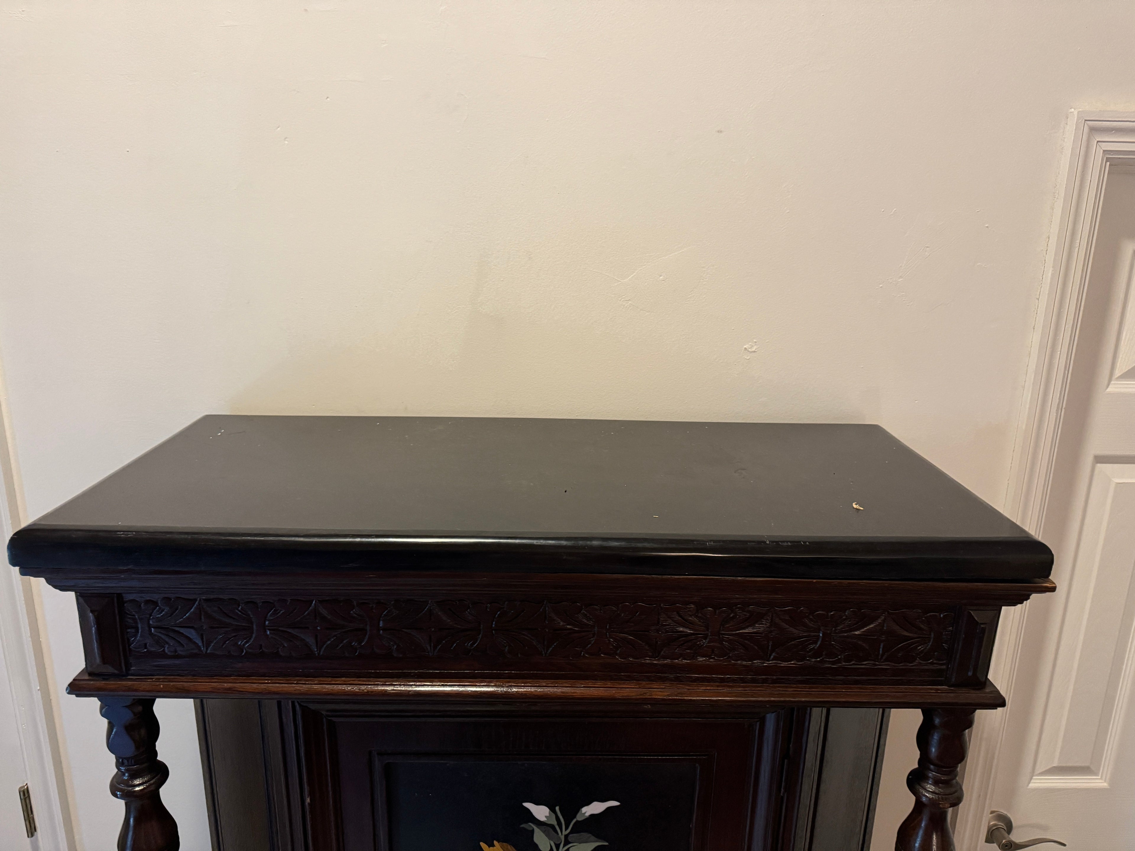 Antique Jacobean Style Carved Oak Cabinet Hutch with Pietra Dura Inlay, Carved Details and Black Marble Top