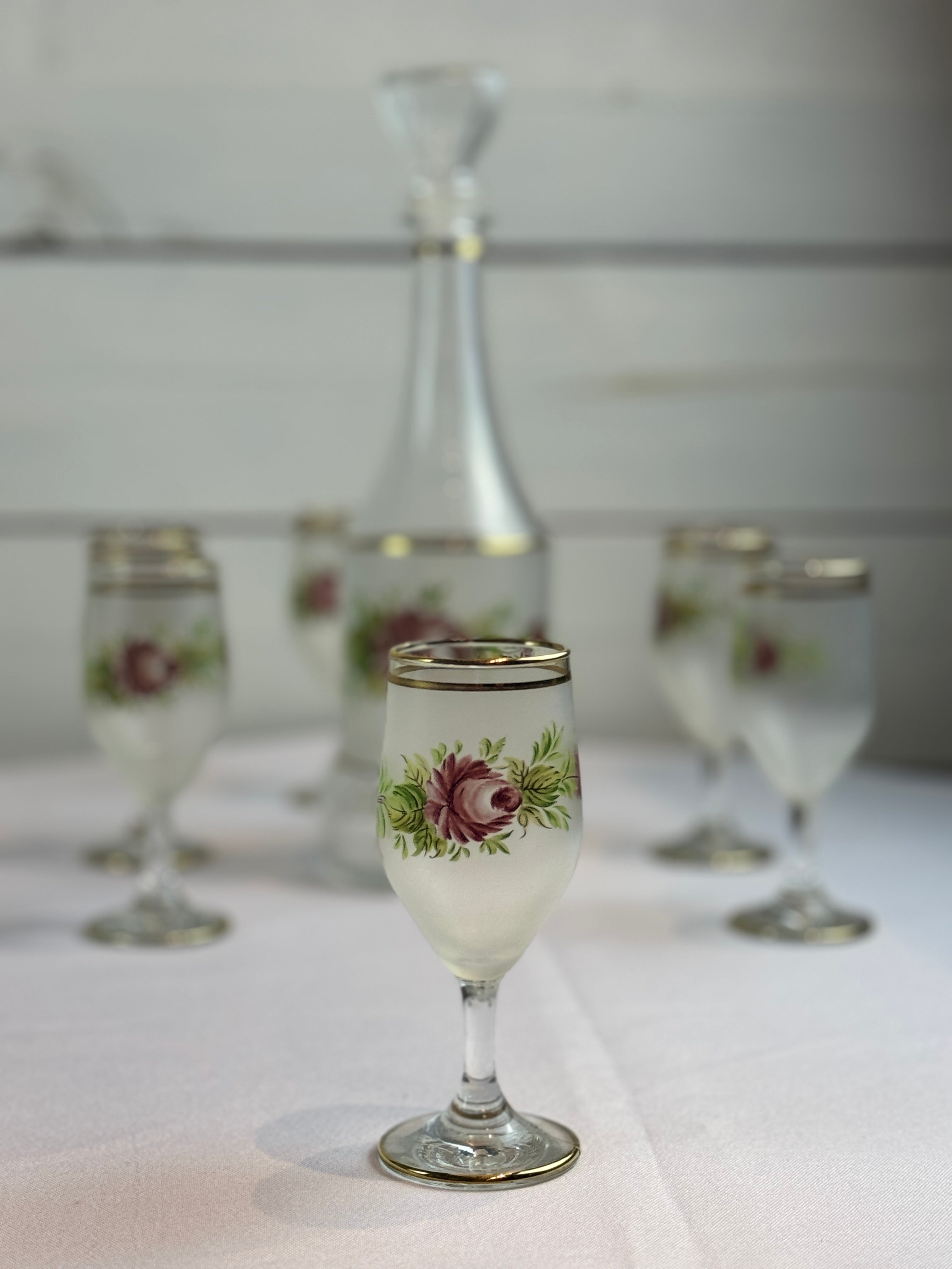 1960s Mid Century Italian Cocktail Set - Decanter and 6 wine or cordial glasses - with hand painted roses