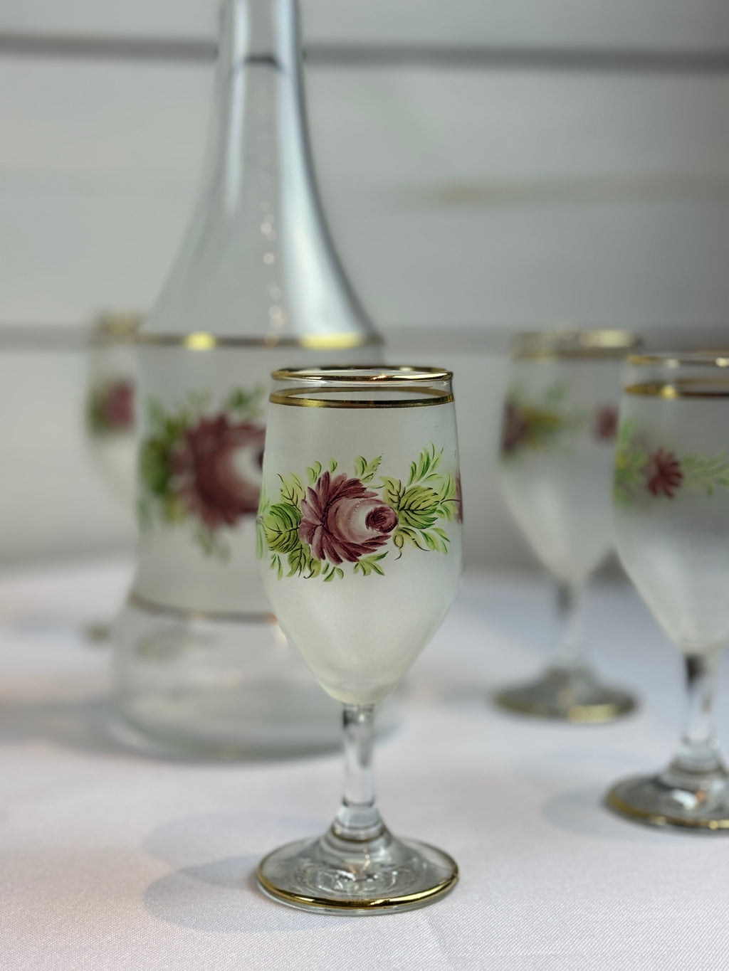 1960s Mid Century Italian Cocktail Set - Decanter and 6 wine or cordial glasses - with hand painted roses