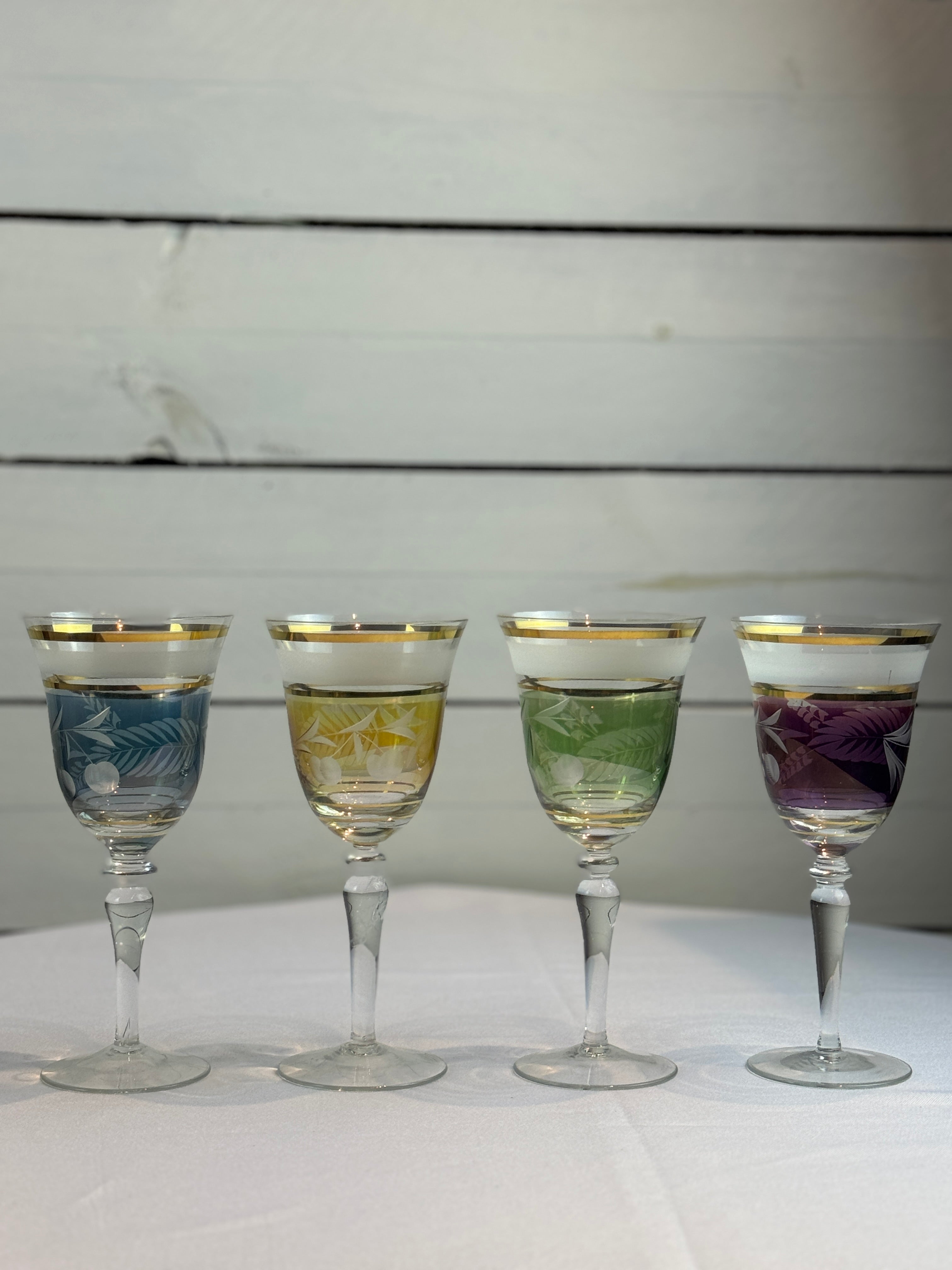 Midcentury Colored Cut Glass Wine Goblets with Cherry and Leaf Motifs - 4 Different Colors - Set of 8
