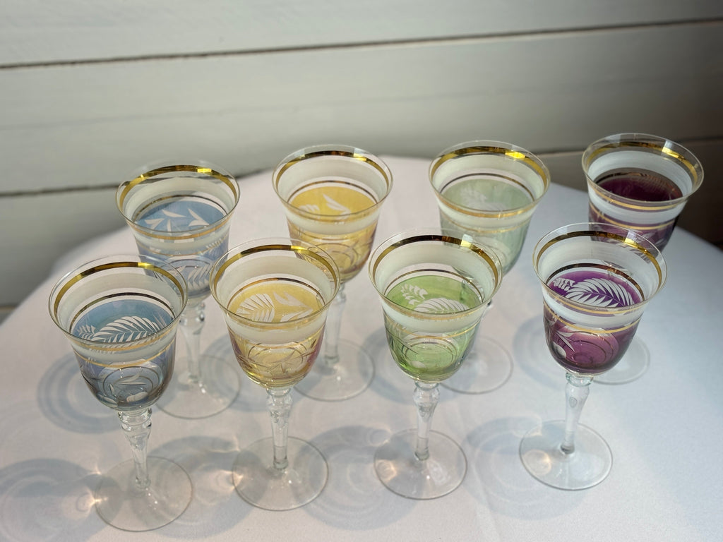 Midcentury Colored Cut Glass Wine Goblets with Cherry and Leaf Motifs - 4 Different Colors - Set of 8