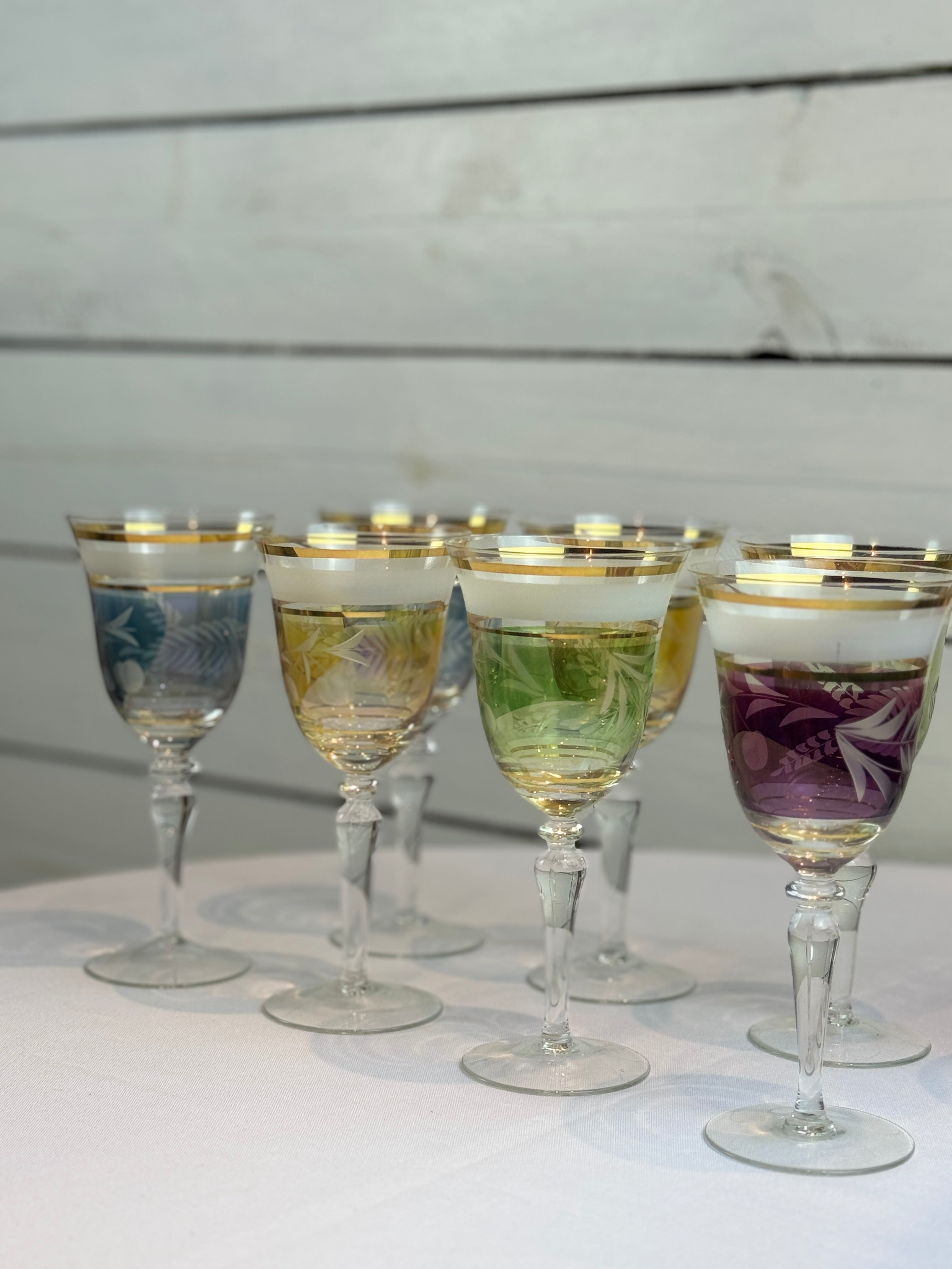 Midcentury Colored Cut Glass Wine Goblets with Cherry and Leaf Motifs - 4 Different Colors - Set of 8