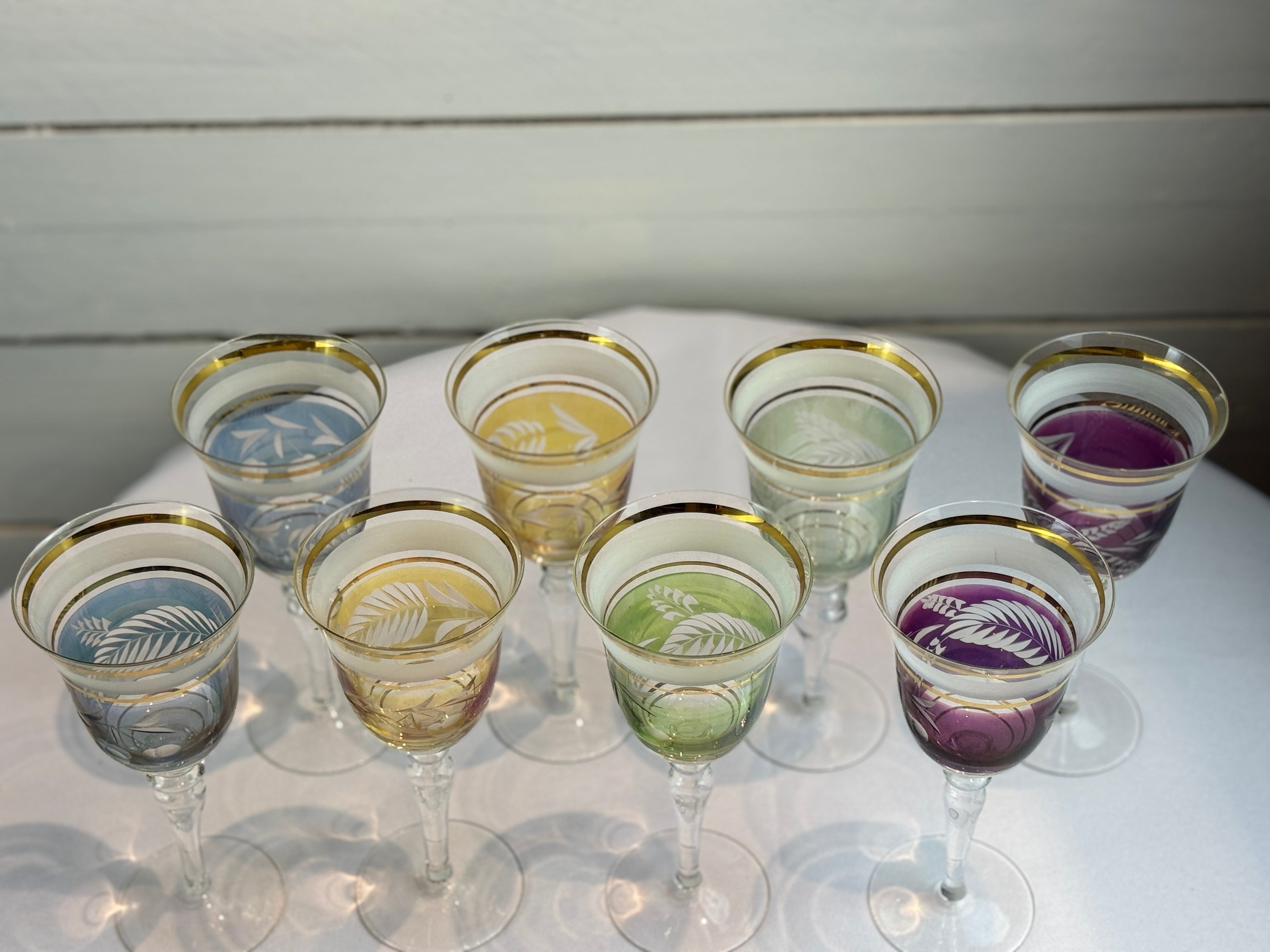 Midcentury Colored Cut Glass Wine Goblets with Cherry and Leaf Motifs - 4 Different Colors - Set of 8