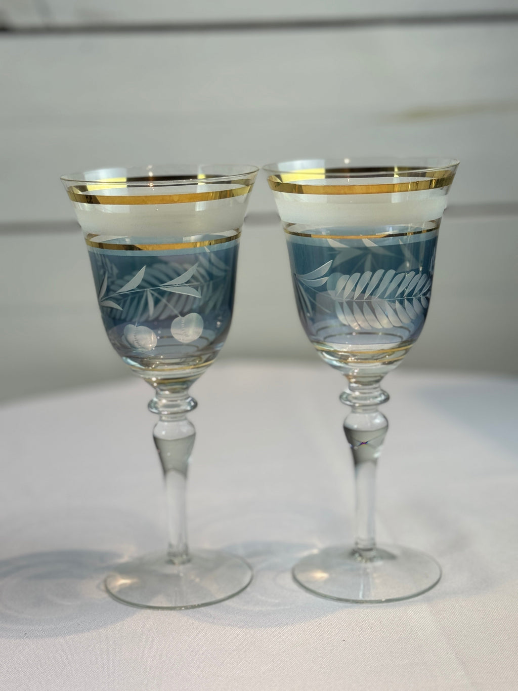 Midcentury Colored Cut Glass Wine Goblets with Cherry and Leaf Motifs - 4 Different Colors - Set of 8