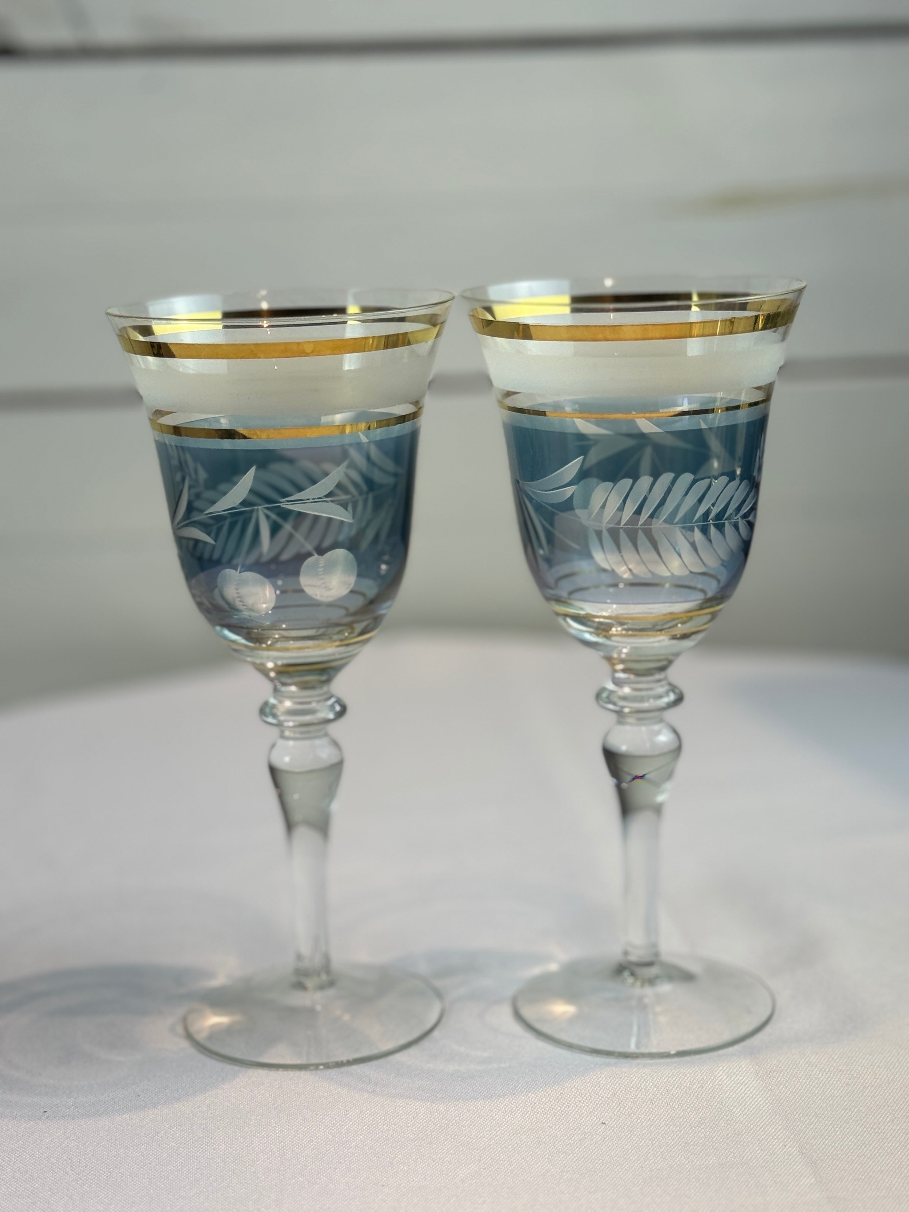 Midcentury Colored Cut Glass Wine Goblets with Cherry and Leaf Motifs - 4 Different Colors - Set of 8