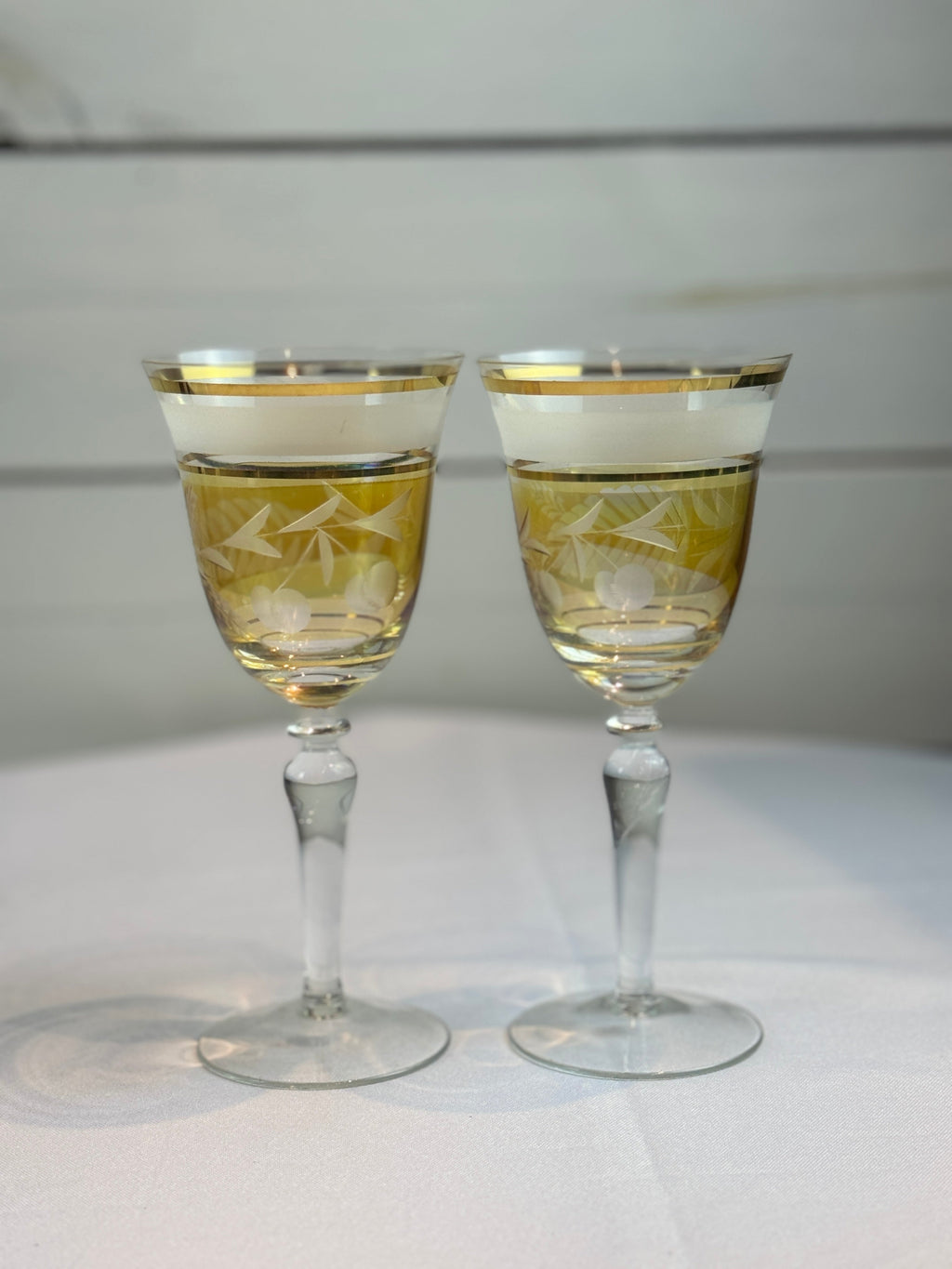 Midcentury Colored Cut Glass Wine Goblets with Cherry and Leaf Motifs - 4 Different Colors - Set of 8