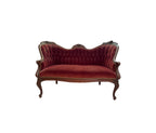 1940s Victorian Carved Mahogany Red Wine Velvet Parlor Settee /Loveseat / Sofa / Couch