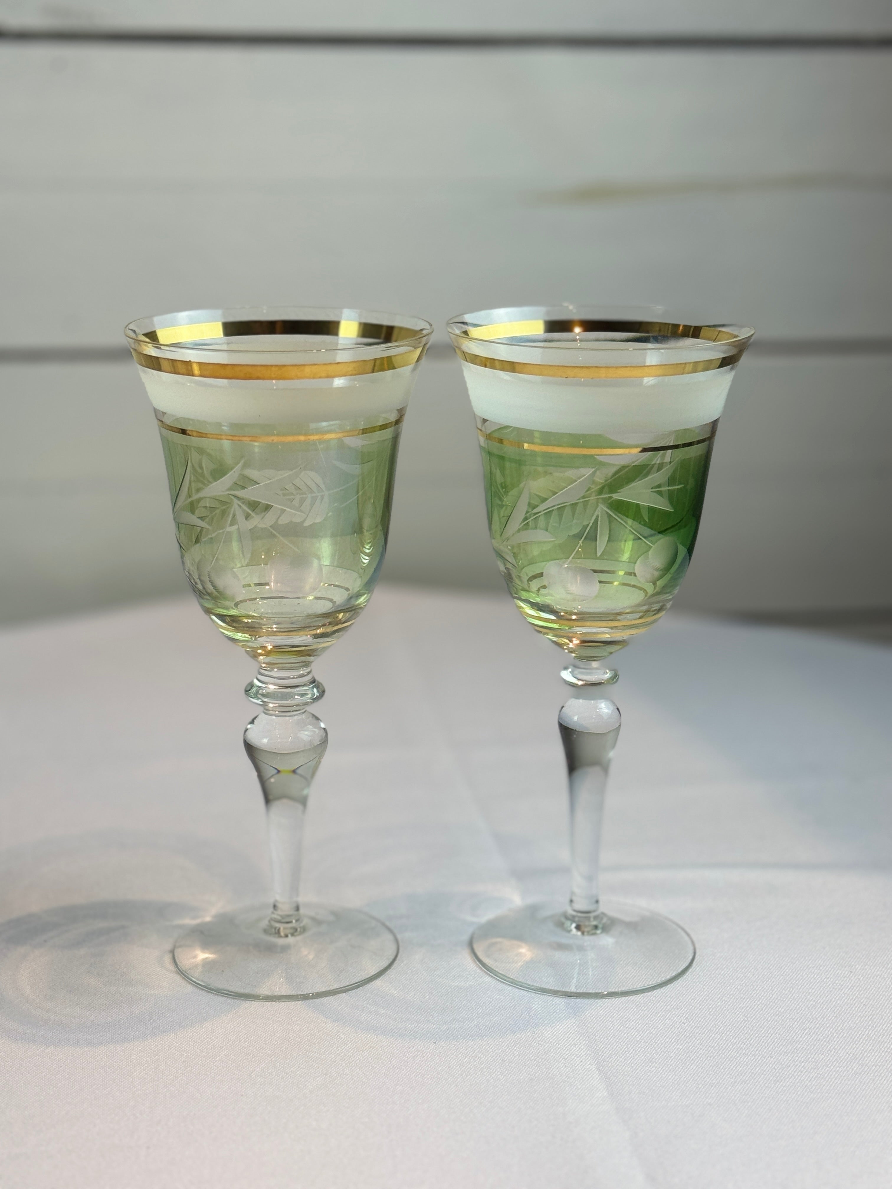 Midcentury Colored Cut Glass Wine Goblets with Cherry and Leaf Motifs - 4 Different Colors - Set of 8