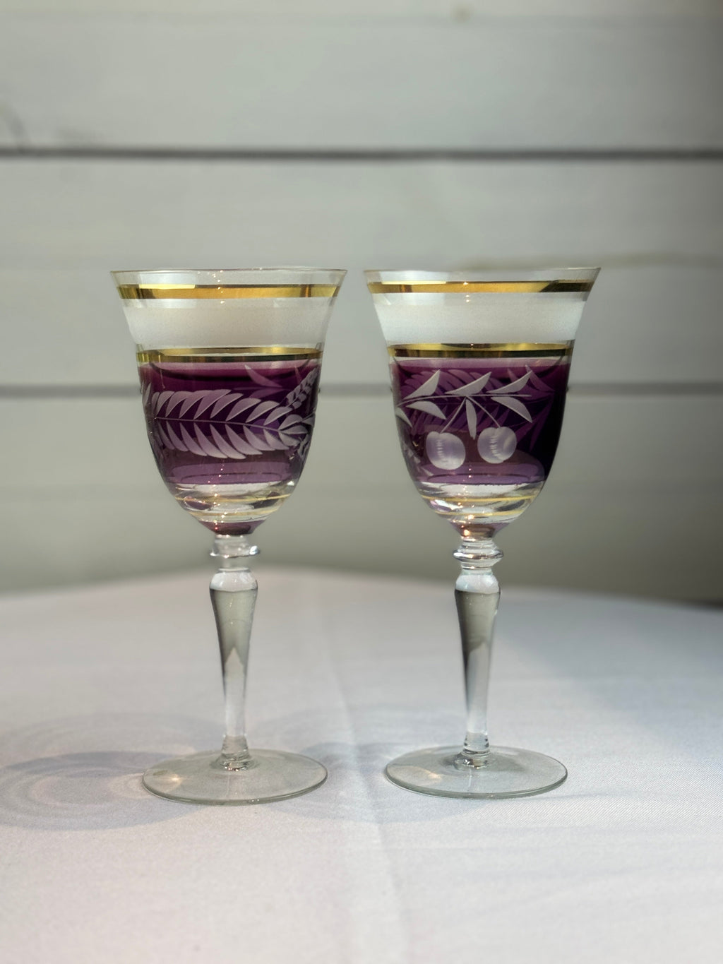 Midcentury Colored Cut Glass Wine Goblets with Cherry and Leaf Motifs - 4 Different Colors - Set of 8