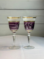 Midcentury Colored Cut Glass Wine Goblets with Cherry and Leaf Motifs - 4 Different Colors - Set of 8