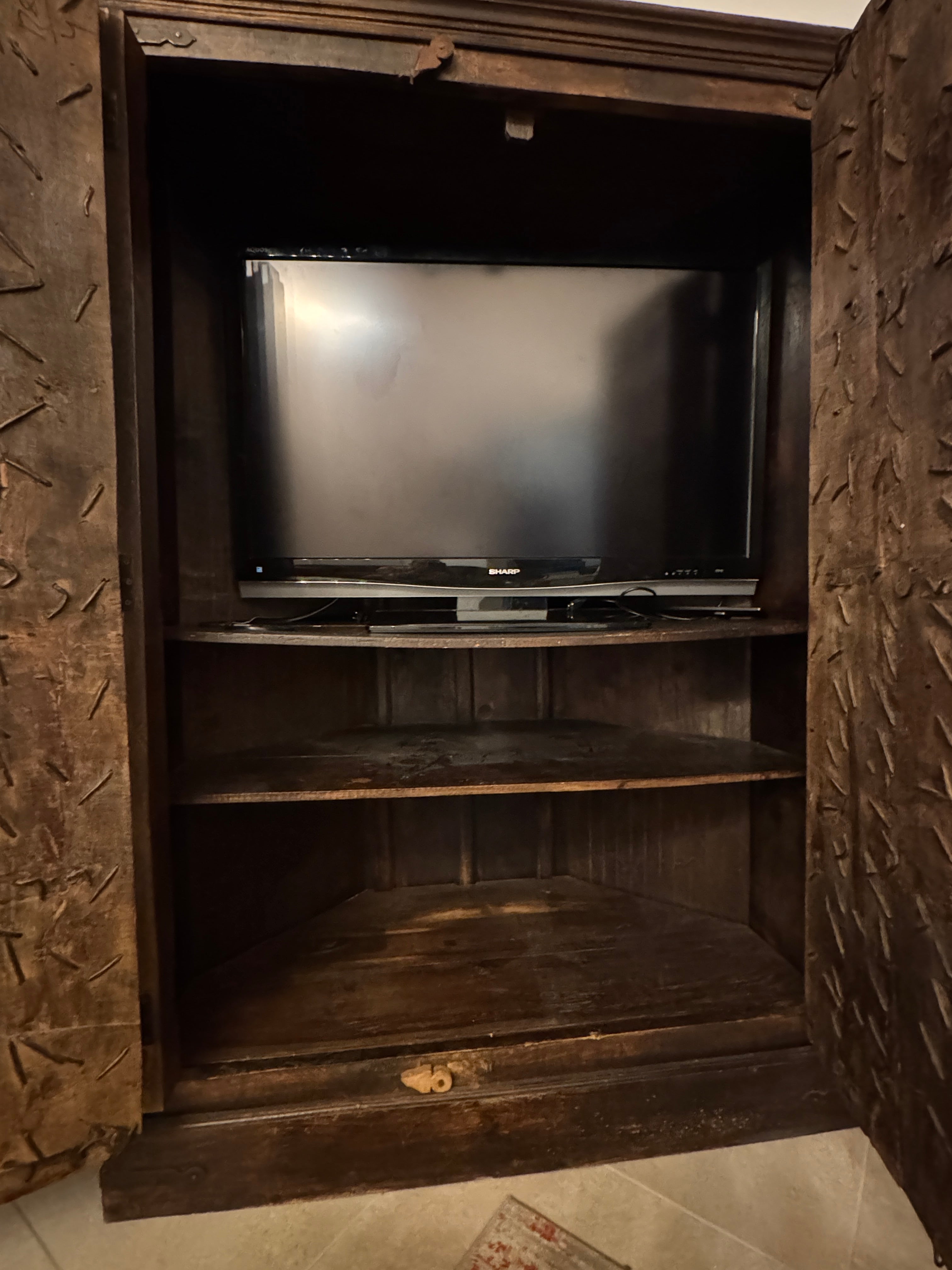 Antique Indian Teak Wood Door Corner Cabinet Armoire, TV Stand