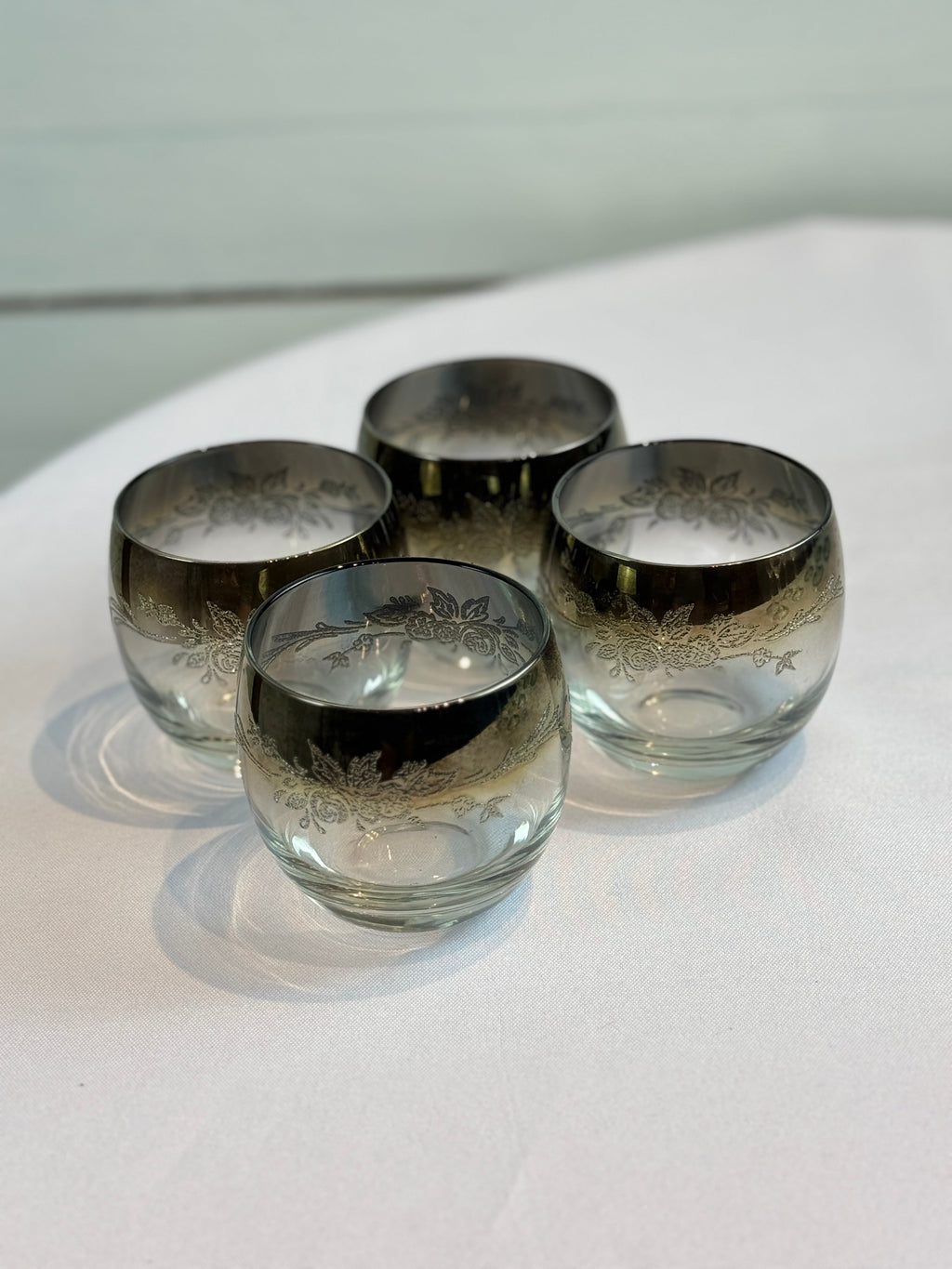 1970s Mid Century/Retro Vintage Floral Etched Queen Lusterware Silver Fade Ombre Cocktail Set - Set of 12 - Made in France