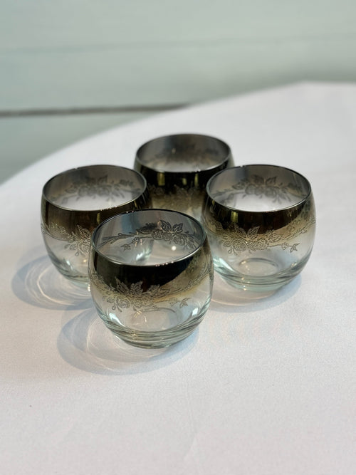 1970s Mid Century/Retro Vintage Floral Etched Queen Lusterware Silver Fade Ombre Cocktail Set - Set of 12 - Made in France