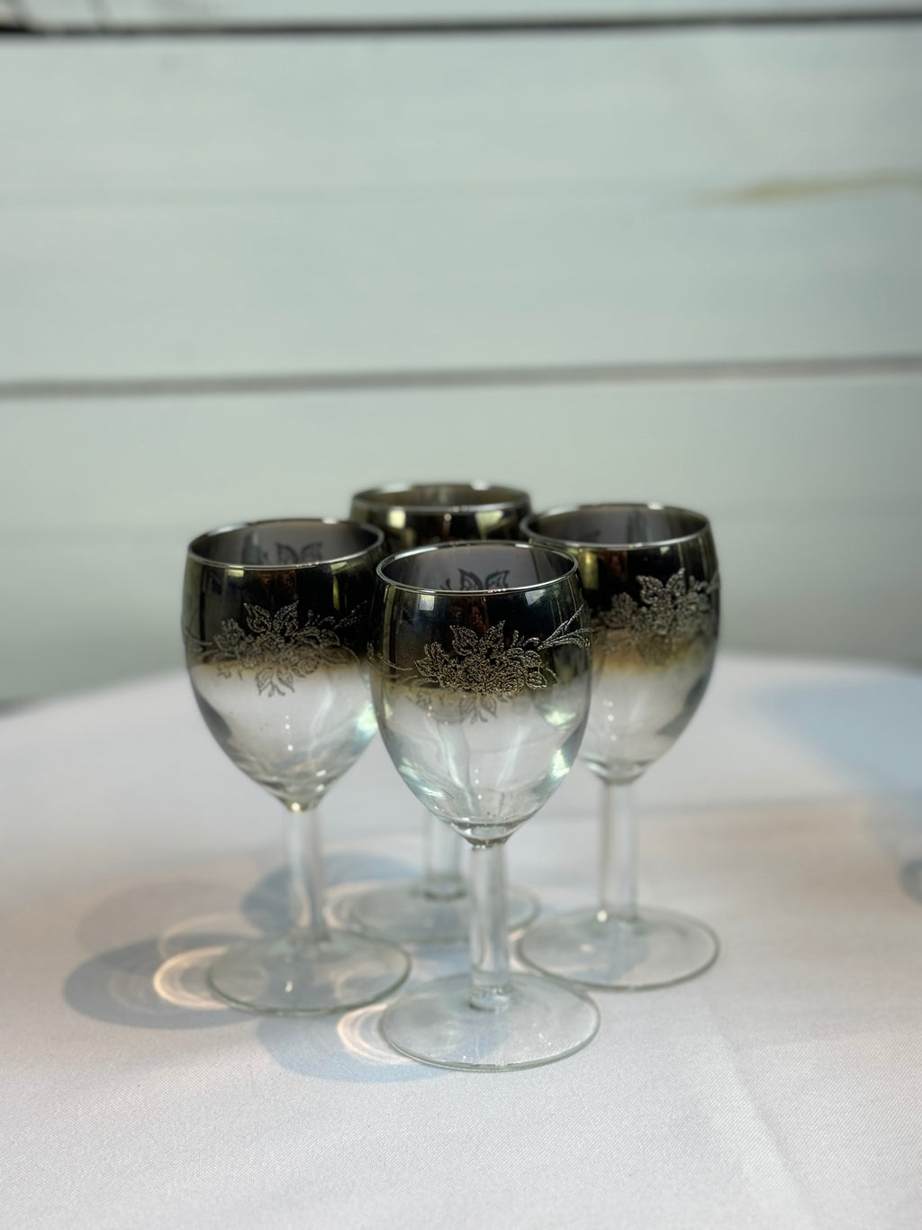1970s Mid Century/Retro Vintage Floral Etched Queen Lusterware Silver Fade Ombre Cocktail Set - Set of 12 - Made in France