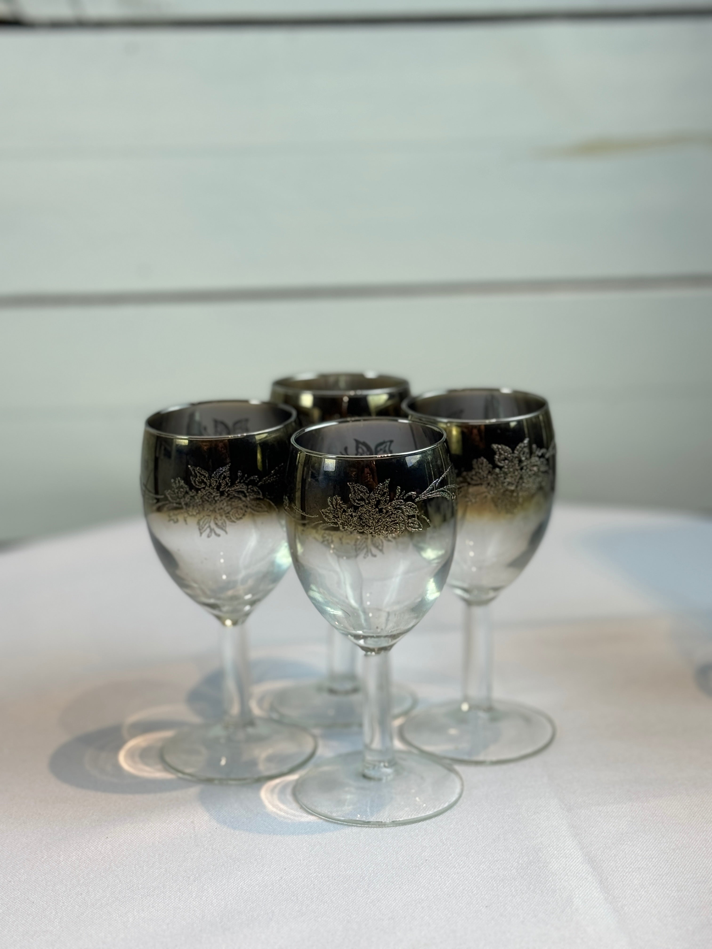 1970s Mid Century/Retro Vintage Floral Etched Queen Lusterware Silver Fade Ombre Cocktail Set - Set of 12 - Made in France