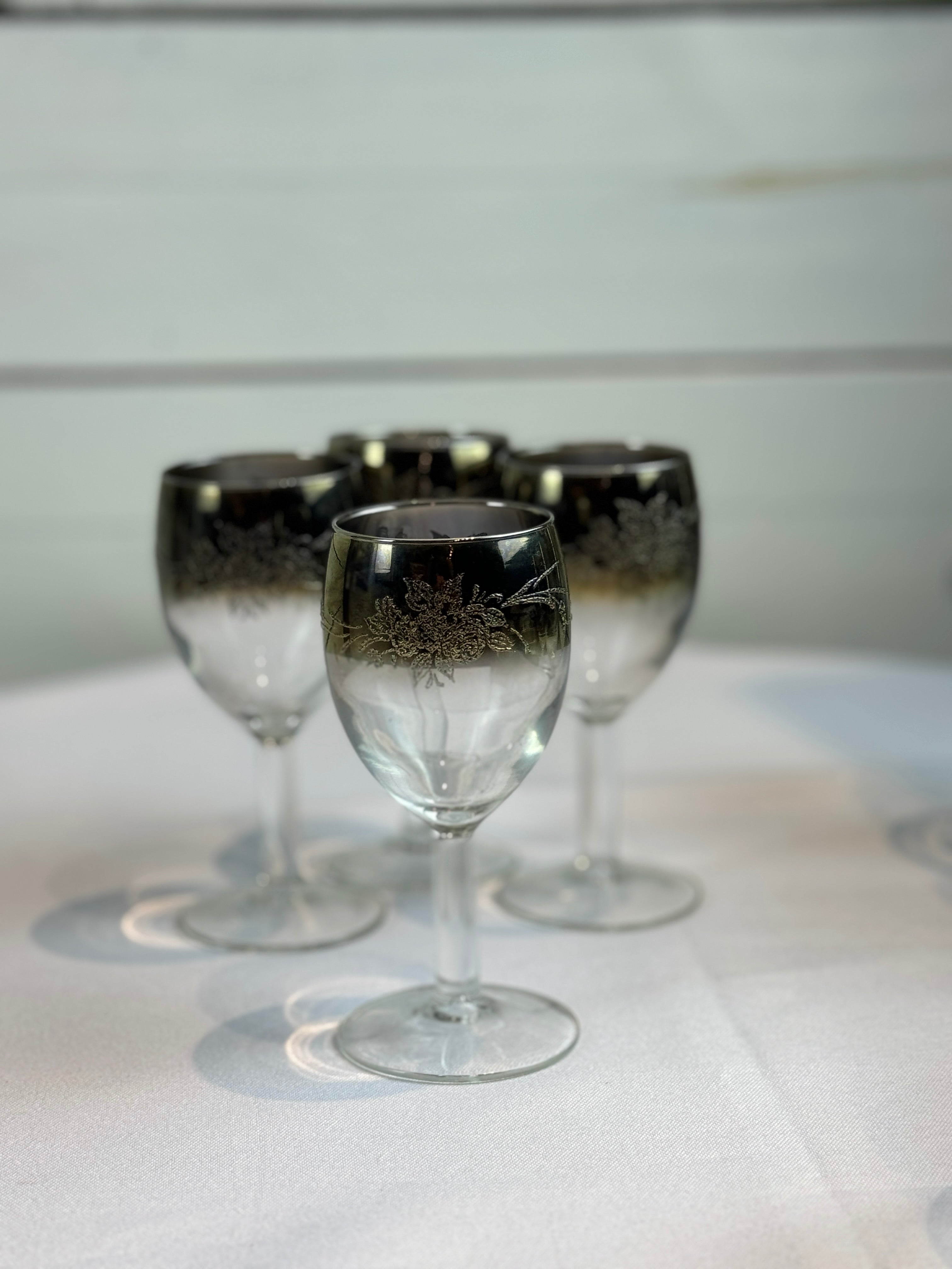 1970s Mid Century/Retro Vintage Floral Etched Queen Lusterware Silver Fade Ombre Cocktail Set - Set of 12 - Made in France