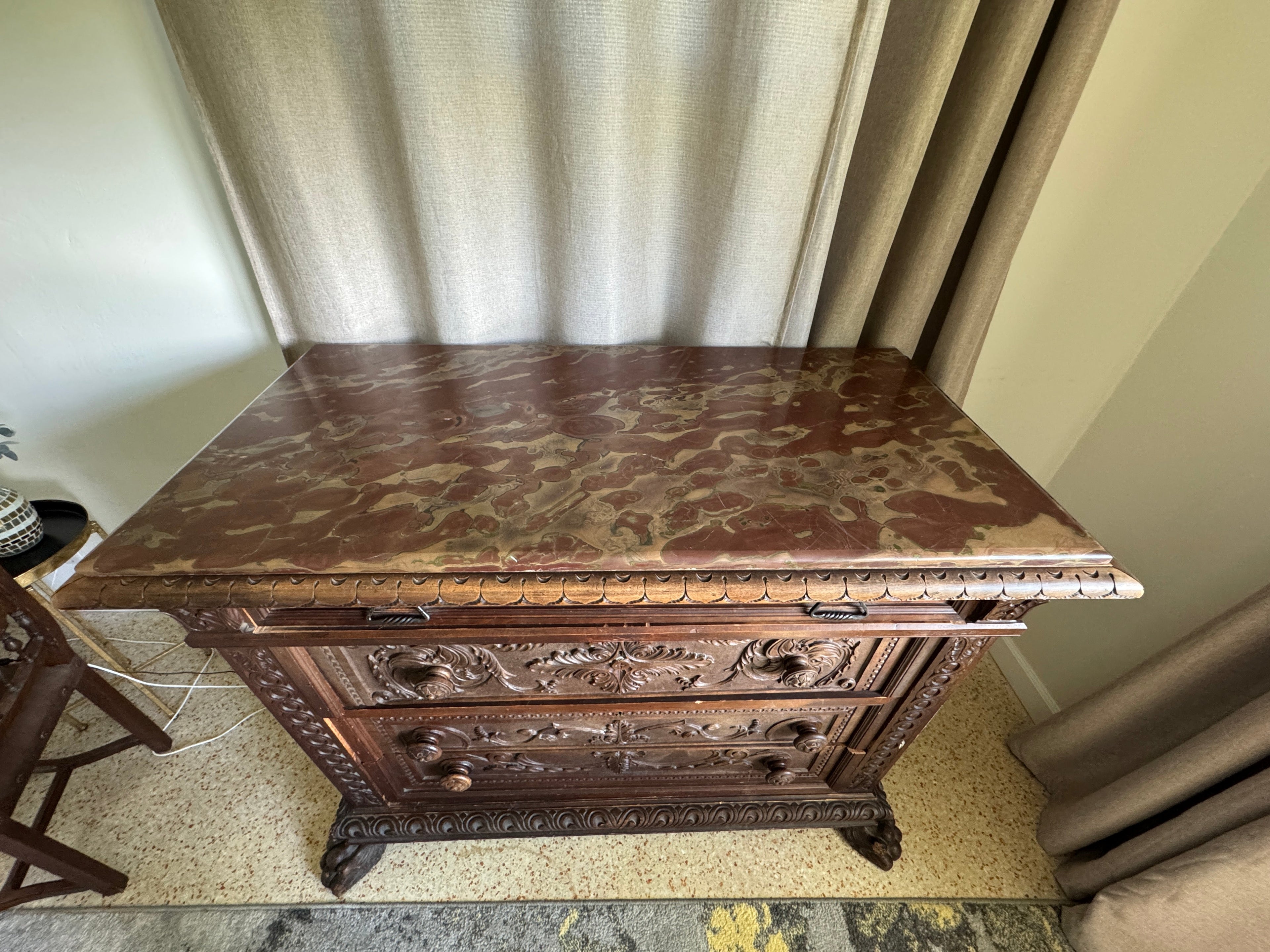 Antique Carved Italian Walnut Clawfoot Chest of Drawers with Marble Top