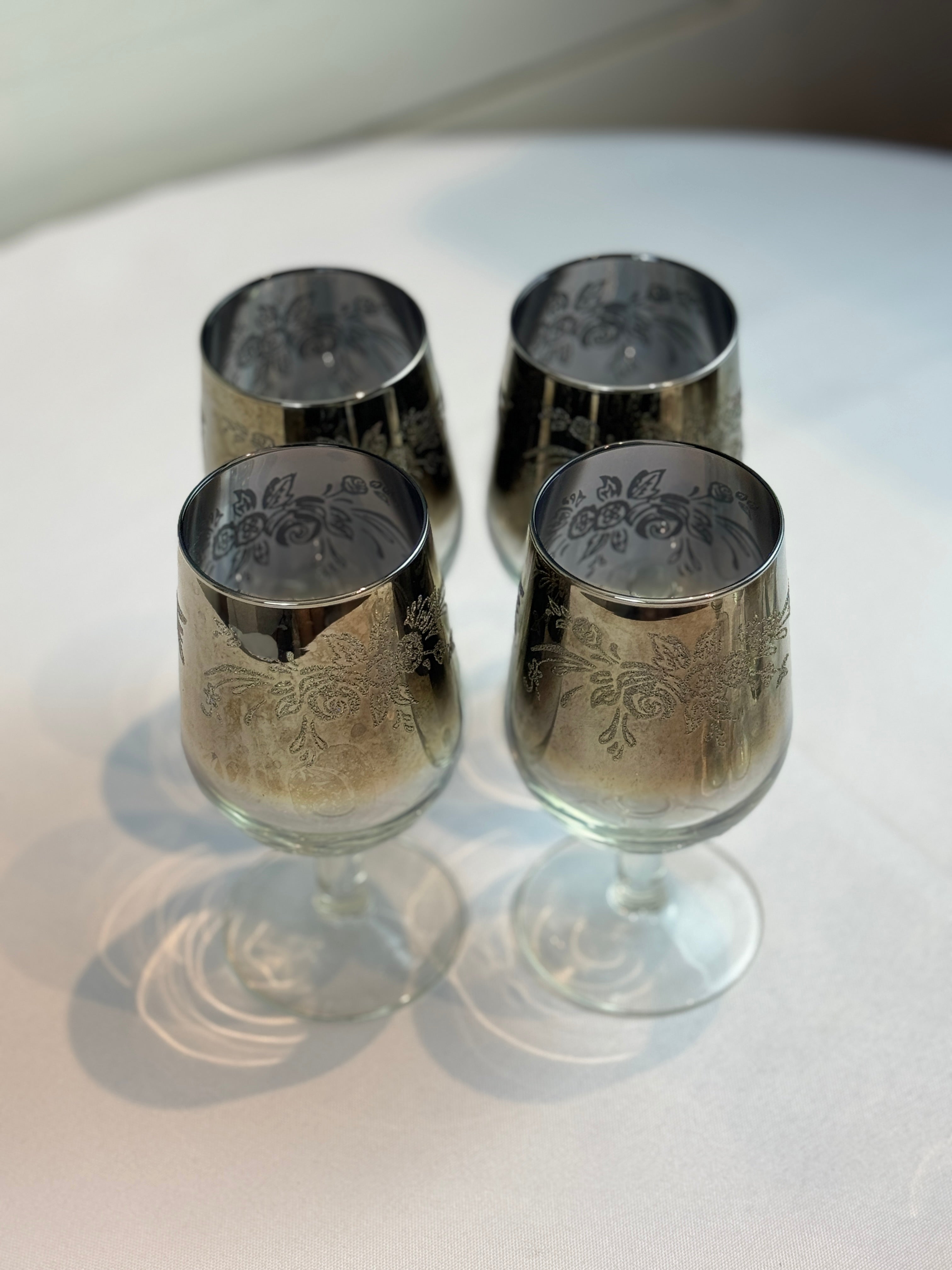 1970s Mid Century/Retro Vintage Floral Etched Queen Lusterware Silver Fade Ombre Cocktail Set - Set of 12 - Made in France