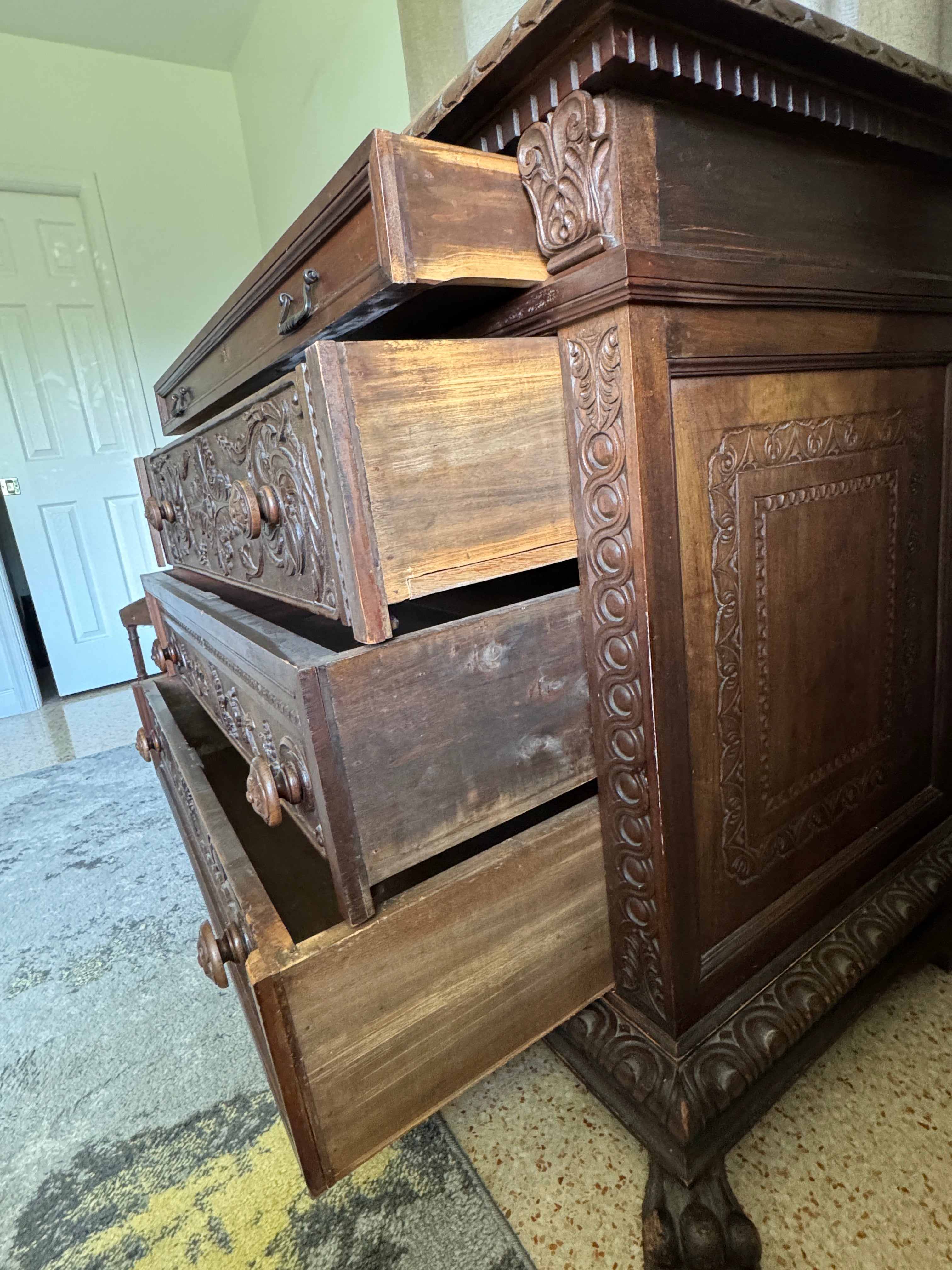 Antique Carved Italian Walnut Clawfoot Chest of Drawers with Marble Top