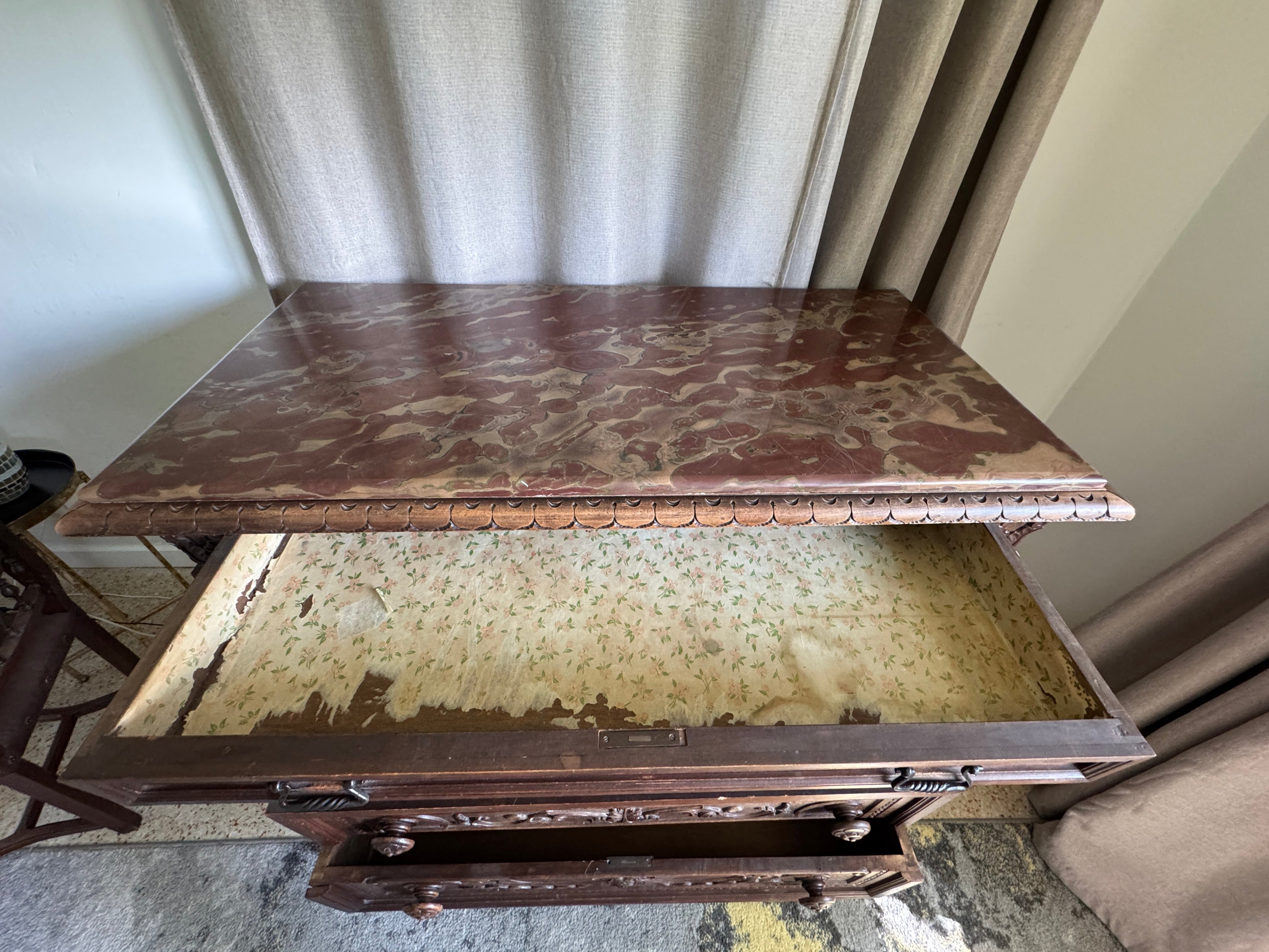Antique Carved Italian Walnut Clawfoot Chest of Drawers with Marble Top